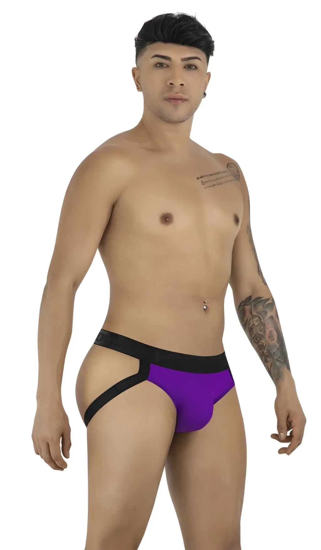 CandyMan 99925 jockstrap in orchid color with bold purple and black briefs featuring a modern design