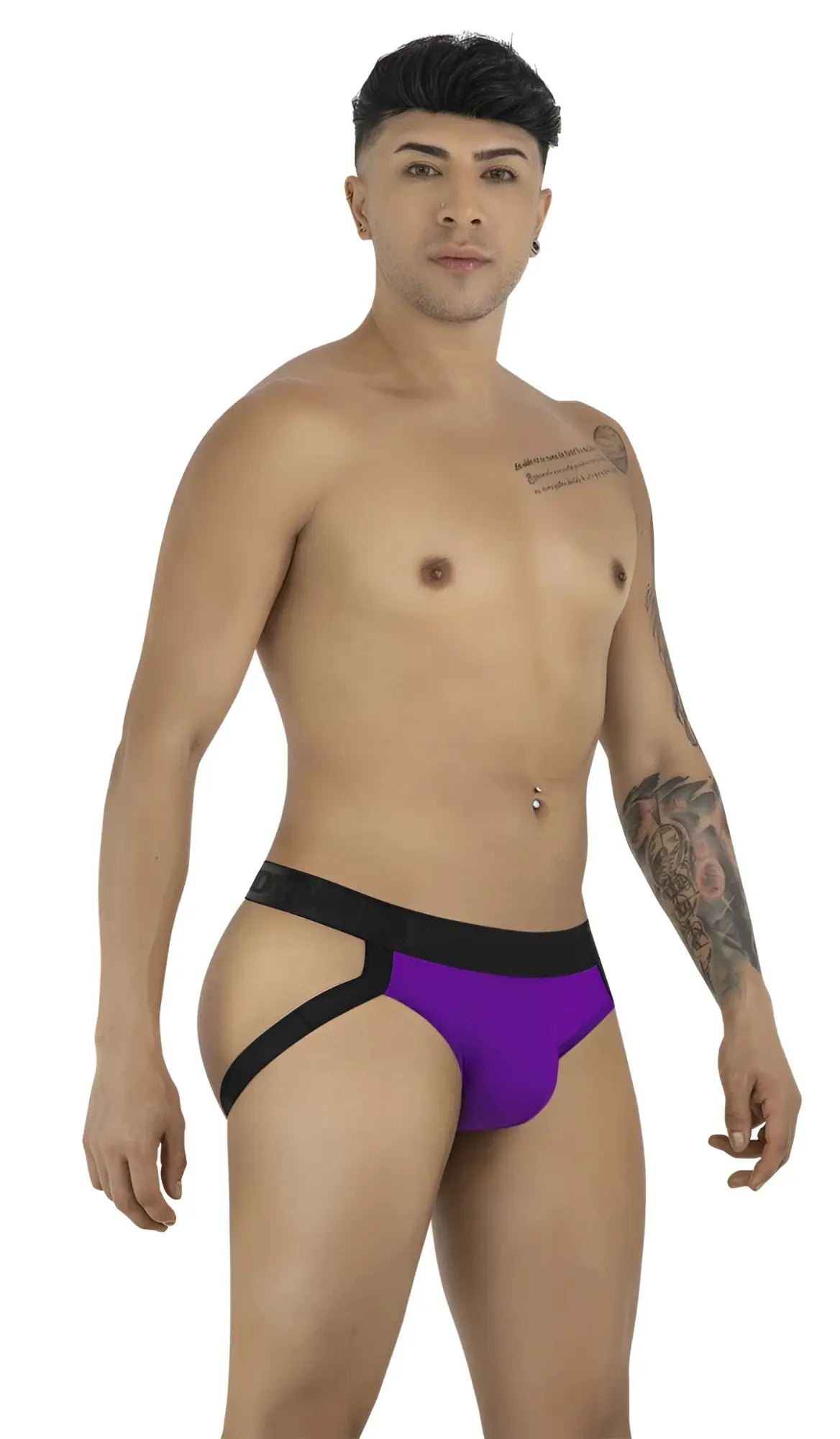 CandyMan 99925 jockstrap in orchid color with bold purple and black briefs featuring a modern design