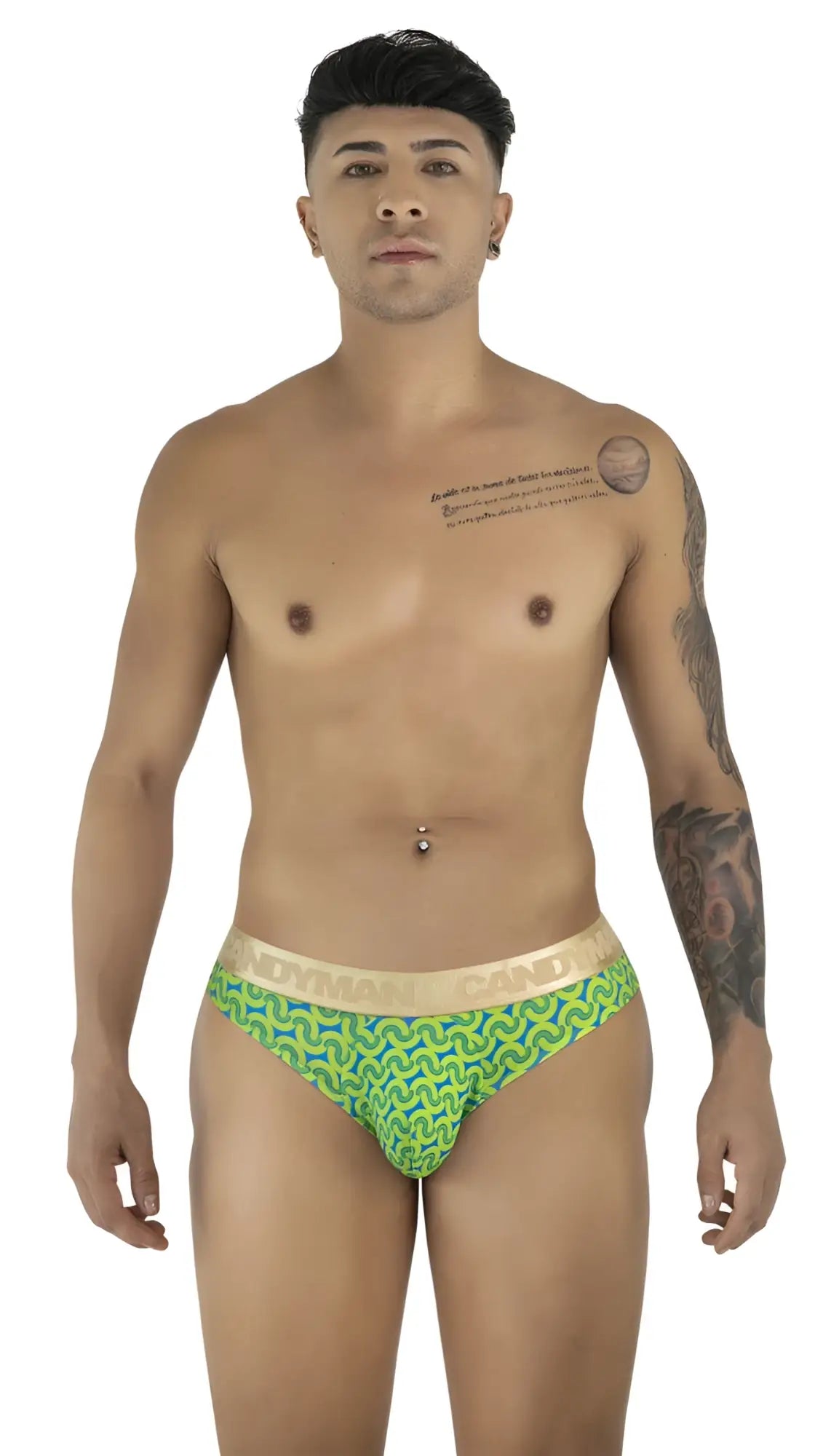 Green and blue patterned CandyMan 99926 briefs with a beige waistband featuring the brand name candy in black lettering