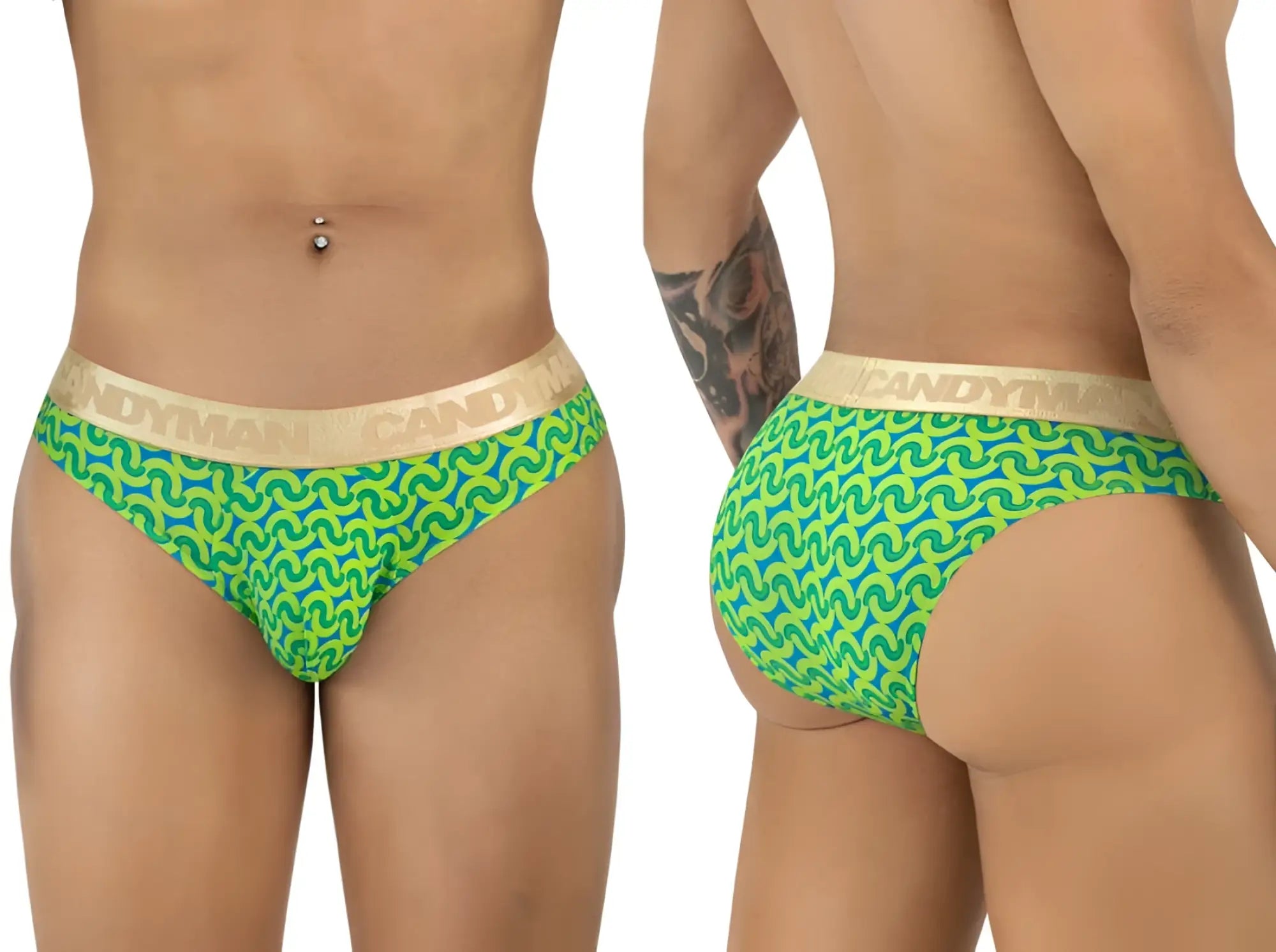 CandyMan 99926 briefs in bright green and blue pattern with gold-colored waistband for comfortable everyday wear