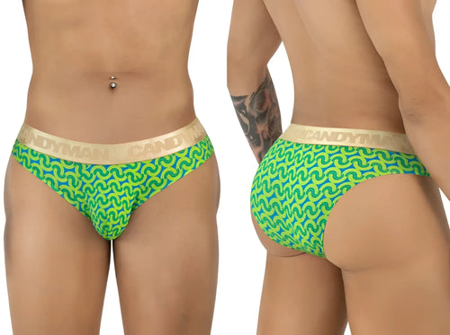 CandyMan 99926 briefs in bright green and blue pattern with gold-colored waistband for comfortable everyday wear