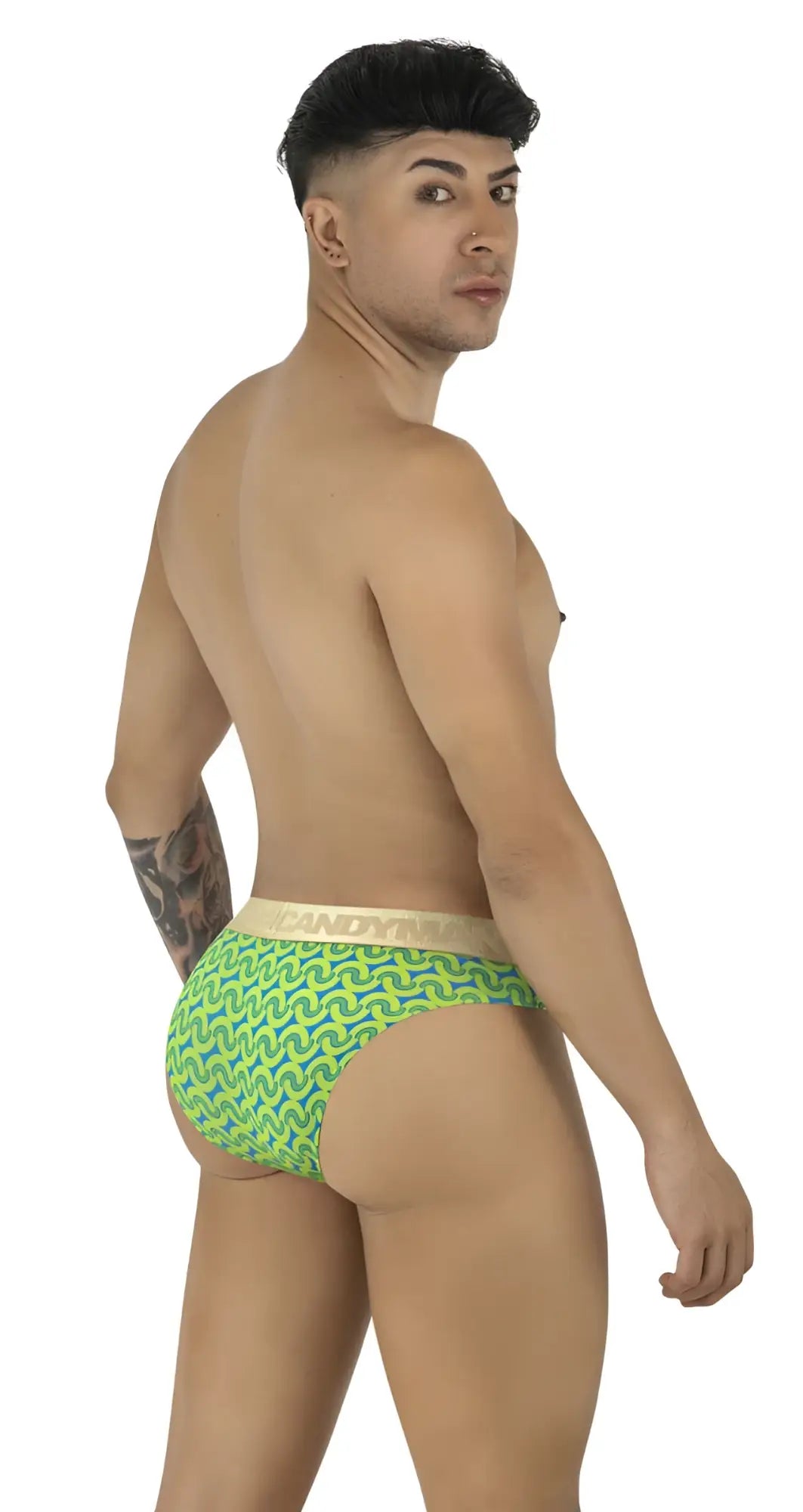 Candyman 99926 briefs with bright green and blue pattern and beige waistband for comfortable everyday wear