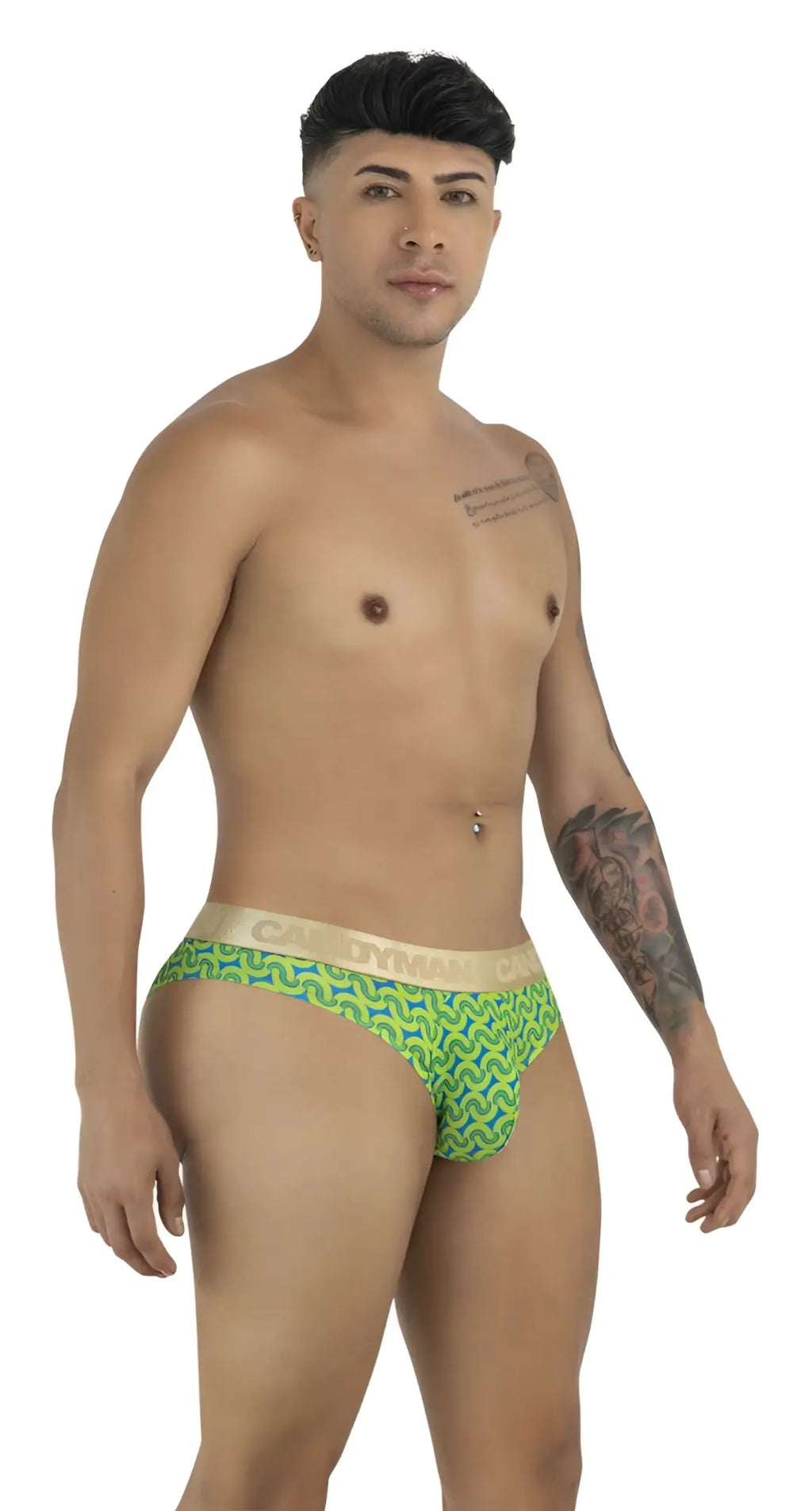 Green printed CandyMan 99926 briefs with beige waistband featuring brand name and patterned design