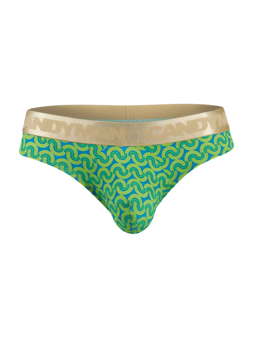 Vibrant green and teal patterned CandyMan 99926 thong briefs with gold waistband and Candyman logo