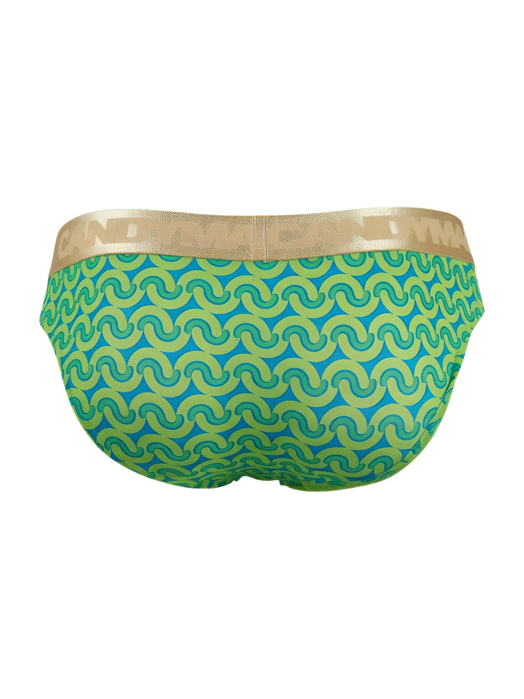 Vibrant turquoise and lime green candyMan 99926 briefs with gold andrea paul waistband in printed green pattern