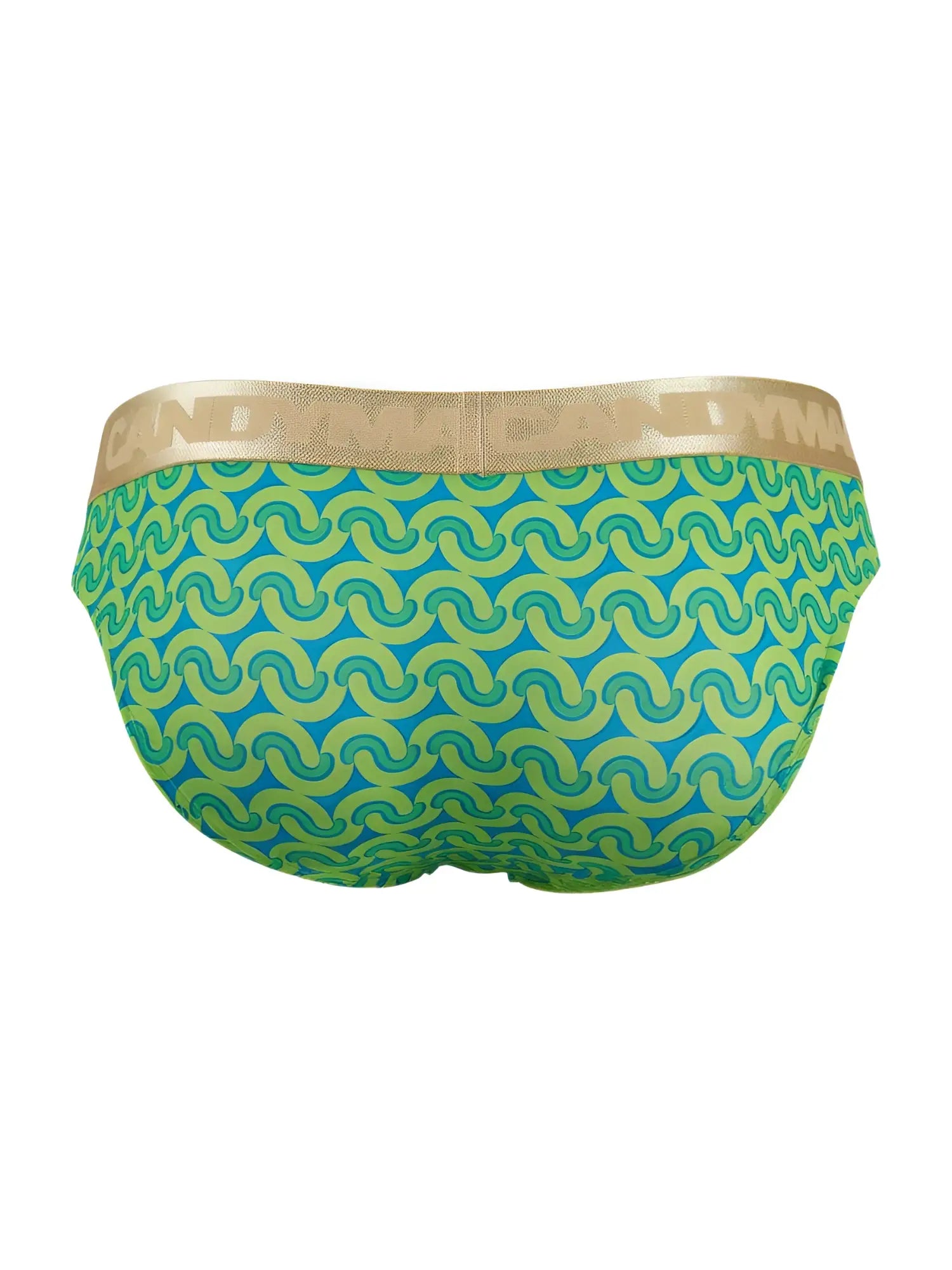Vibrant turquoise and lime green candyMan 99926 briefs with gold andrea paul waistband in printed green pattern