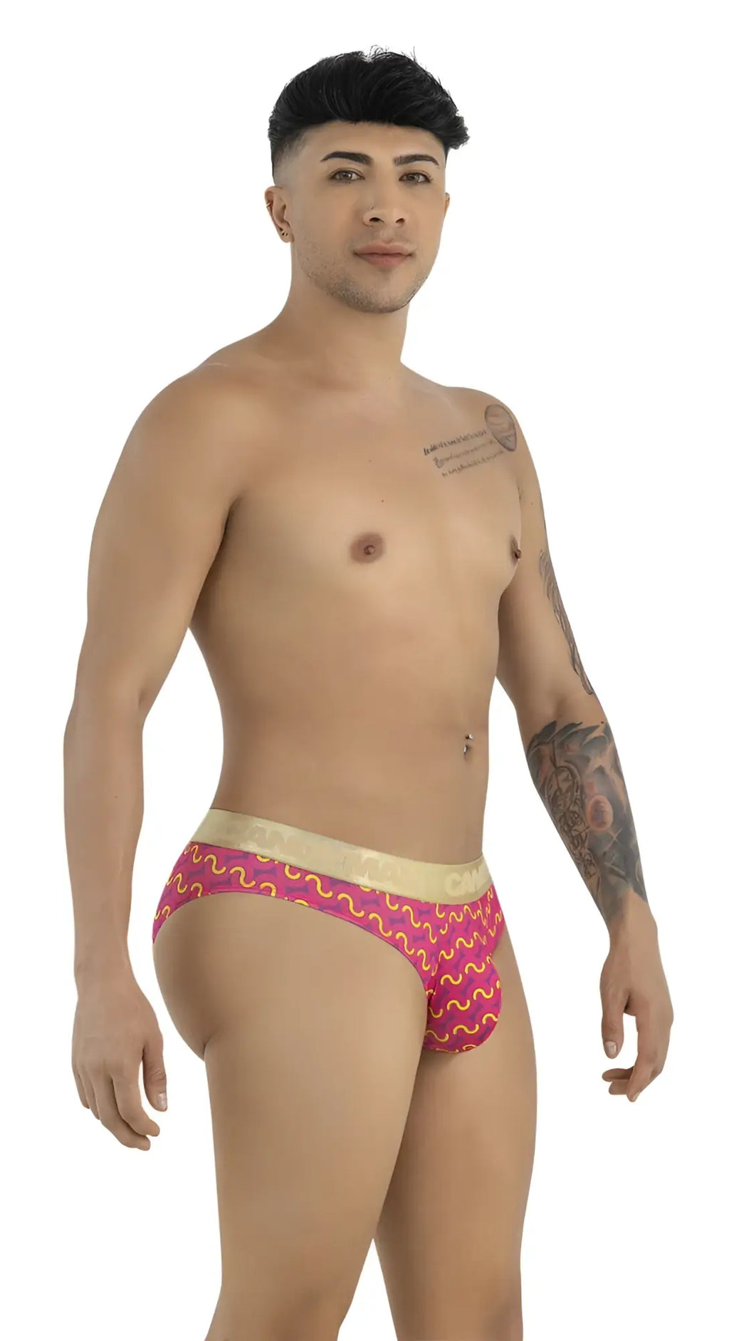 Pink and gold patterned briefs with metallic waistband candyMan 99926 briefs color printed pink front view