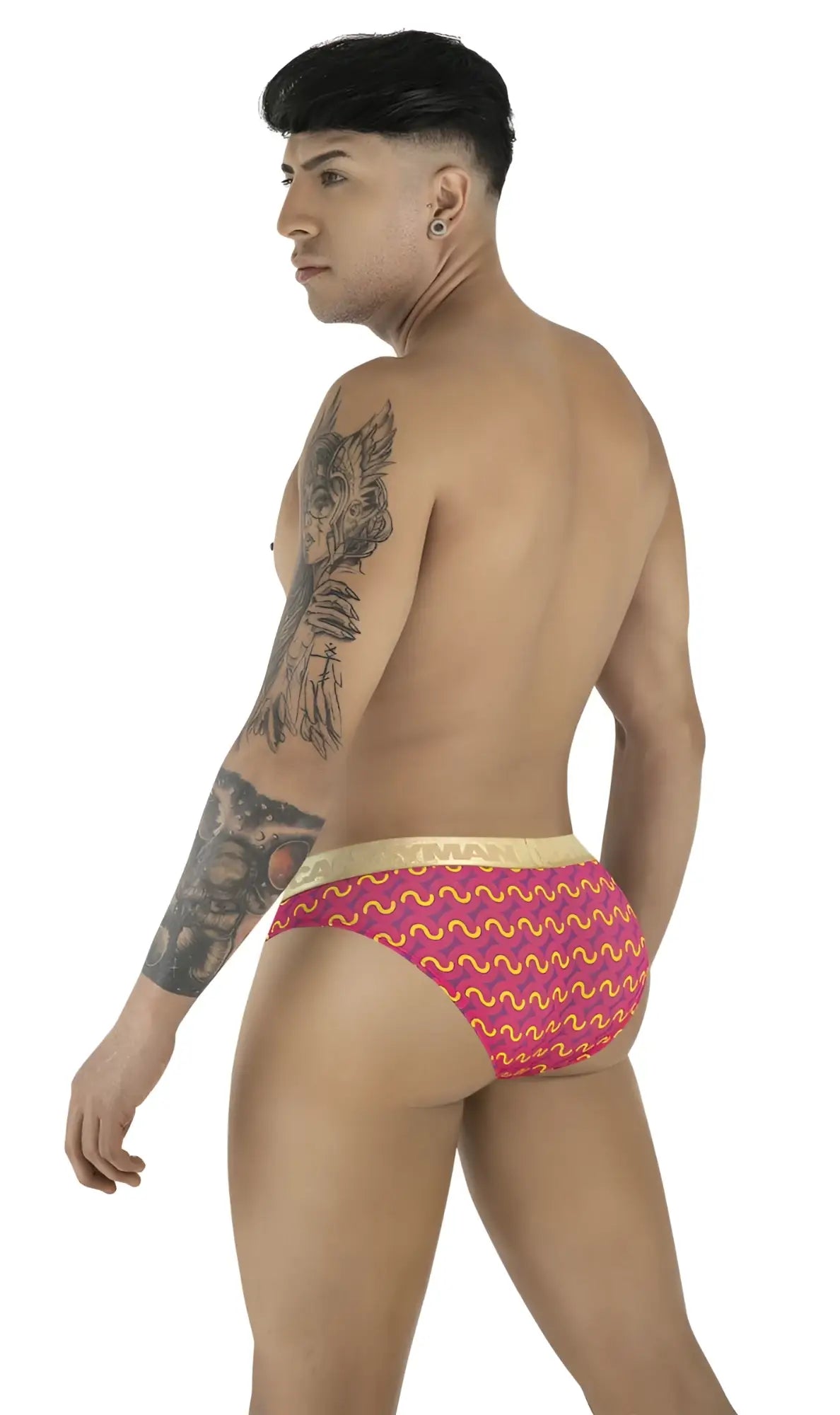 CandyMan 99926 briefs in vibrant pink with bold yellow wavy pattern and beige waistband for stylish comfort