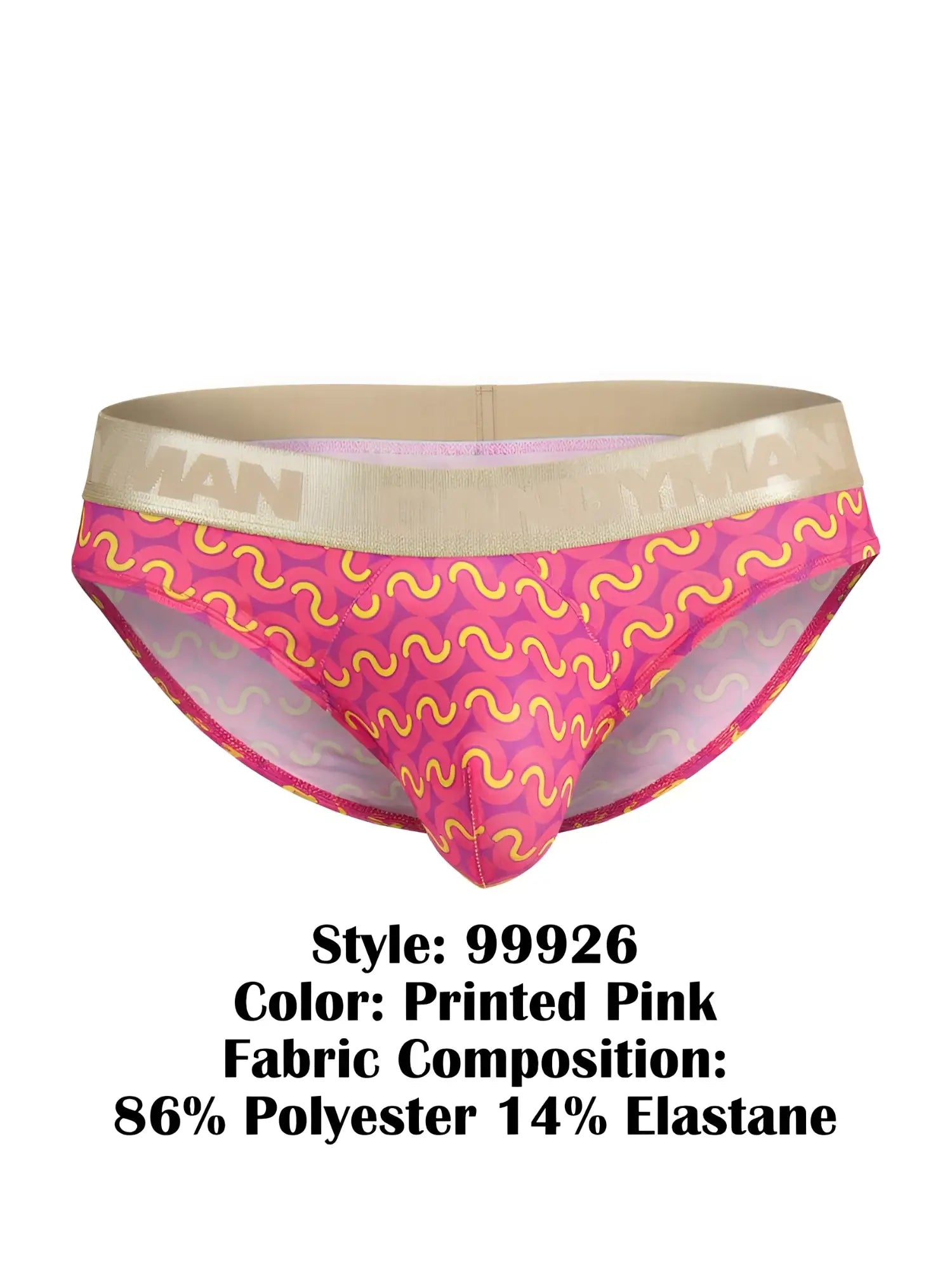 Printed pink CandyMan 99926 briefs with vibrant wavy yellow pattern and beige elastic waistband for comfortable wear