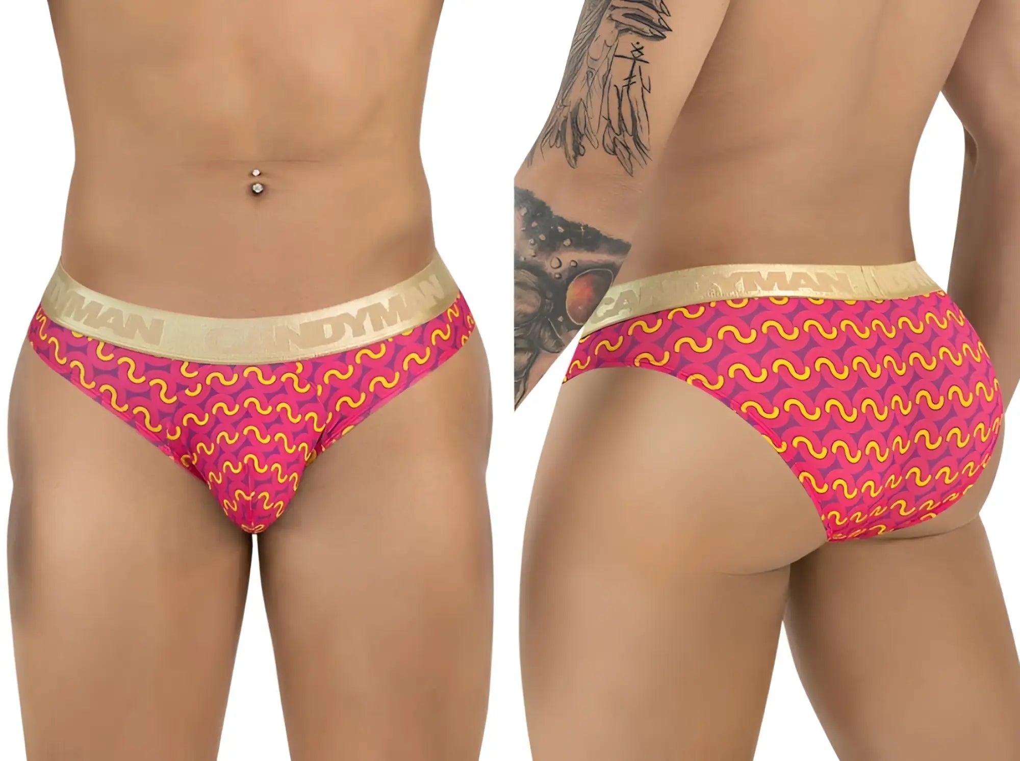 CandyMan 99926 briefs vibrant pink and yellow wavy pattern with gold elastic waistband branded bandyman