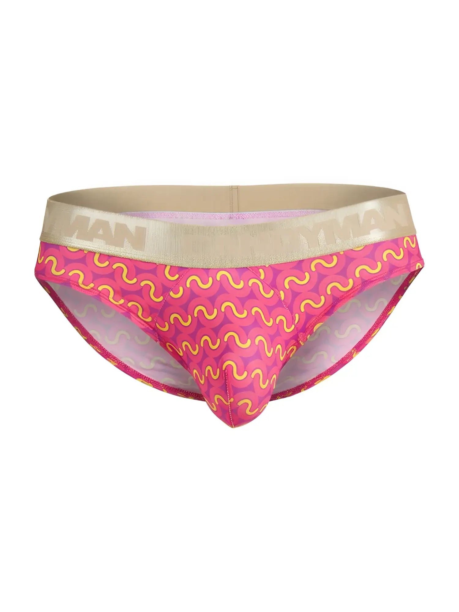 CandyMan 99926 briefs in pink with yellow wavy pattern and beige waistband featuring gold man logo