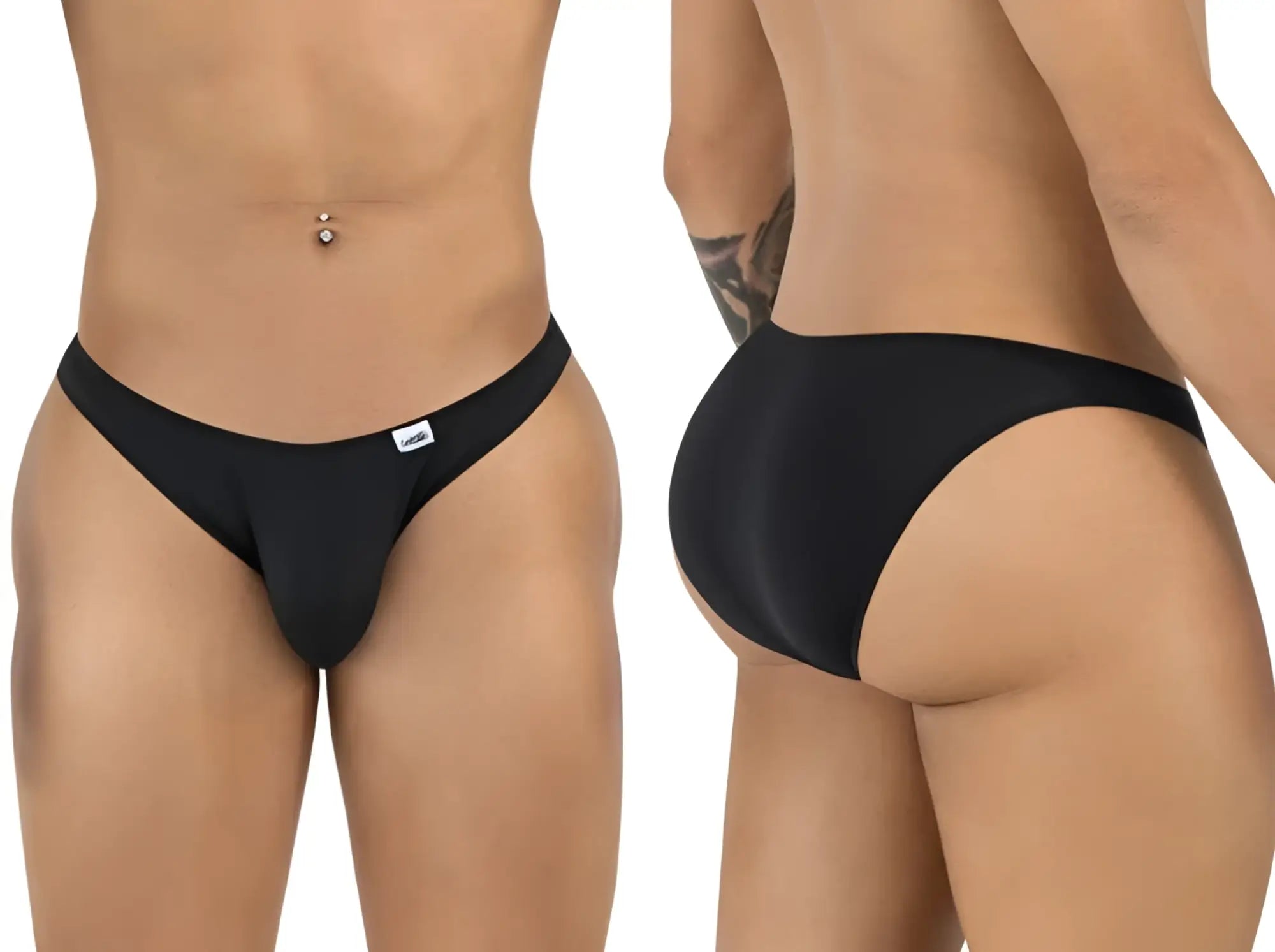 Black Candyman 99928 bikini thong with smooth stretchy fabric and small white brand tag on the waistband