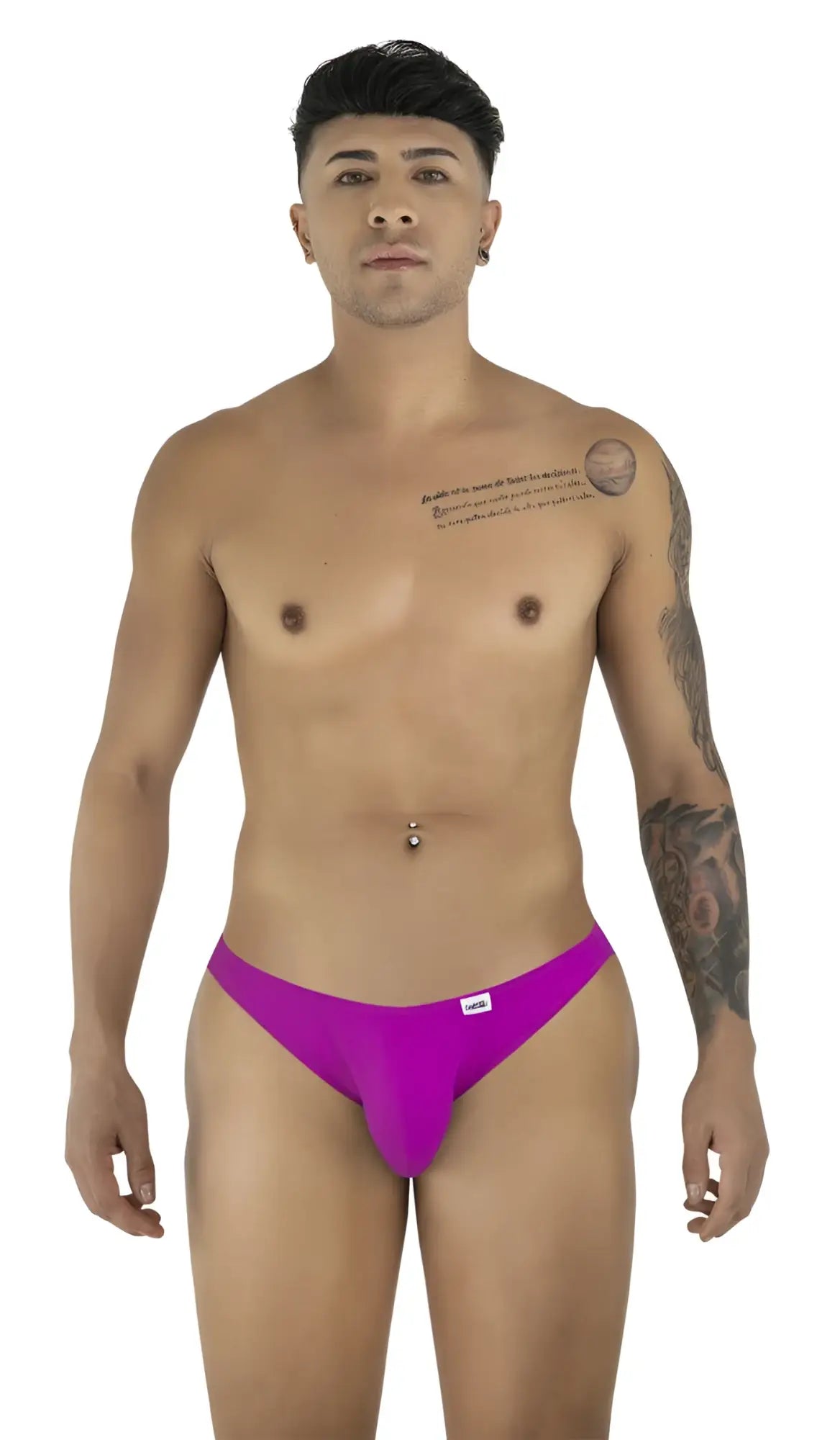Vibrant purple magenta bikini briefs with small white brand tag on waistband from candyman 99928 collection