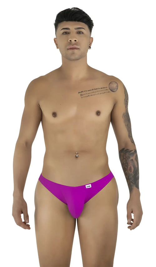 Vibrant purple magenta bikini briefs with small white brand tag on waistband from candyman 99928 collection
