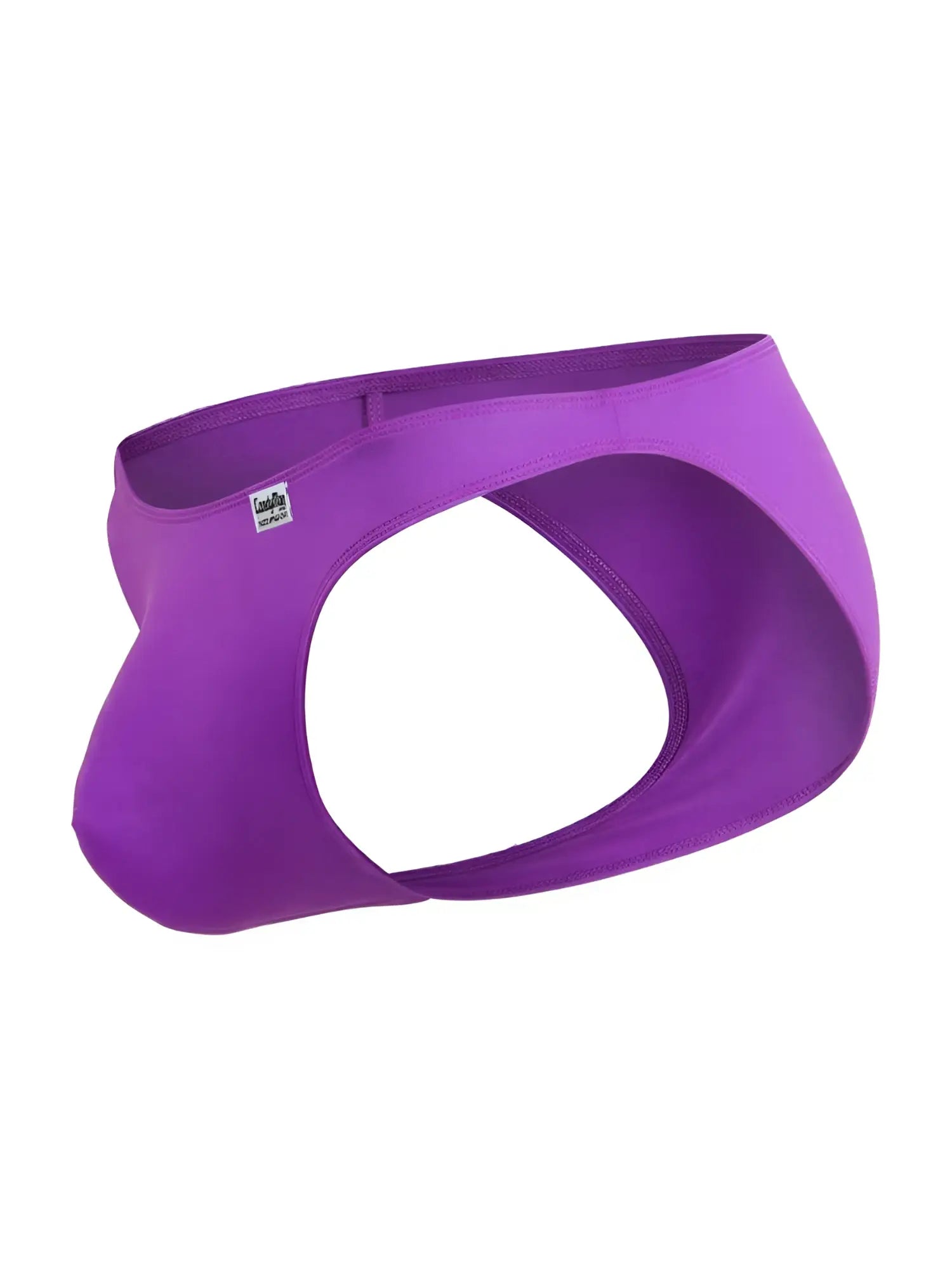 Purple orchid stretch fabric briefs with contoured design and small CandyMan brand tag on waistband