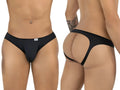 Black candyman 99929 jockstrap back view showing form-fitting thong with wide waistband and multiple back straps