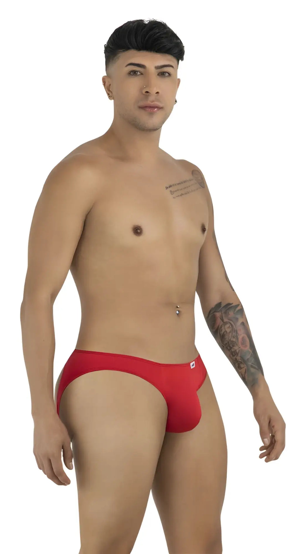 Red CandyMan 99929 jockstrap with a small white logo on the left hip designed for men’s active wear