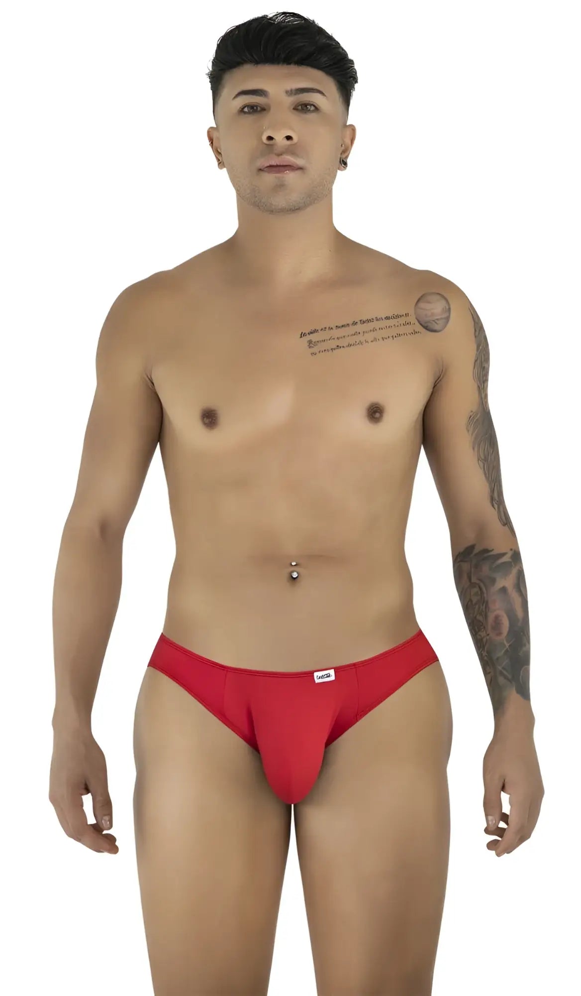 Red briefs candyMan 99929 jockstrap with a small white logo on the left hip in red color