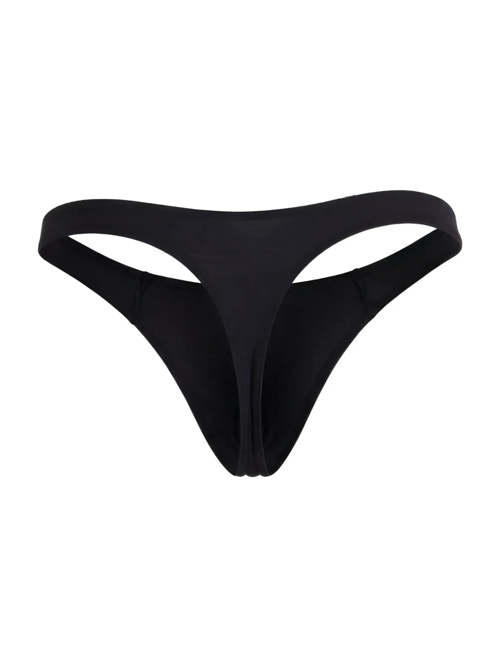 Black CandyMan 99930 thong bikini bottom with smooth stretchy fabric and minimalistic design shown from the back side