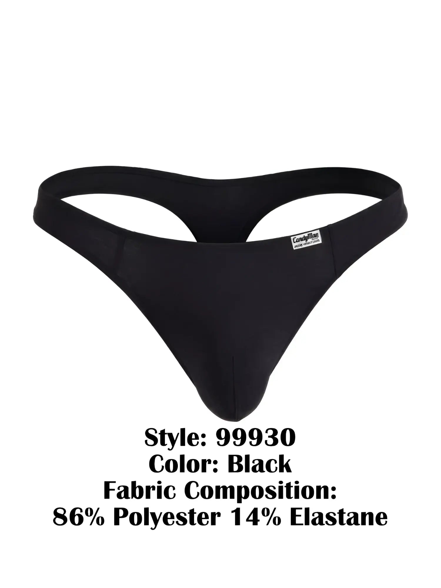Black CandyMan 99930 thong made of 86% polyester 14% elastane with sleek form-fitting design and small brand tag on waistband
