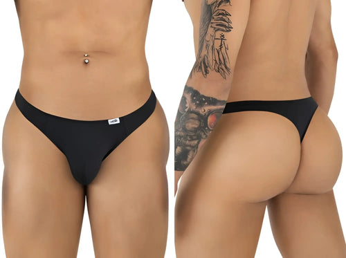 Black candyMan 99930 thong with a small white brand tag on the waistband, shown from the back side