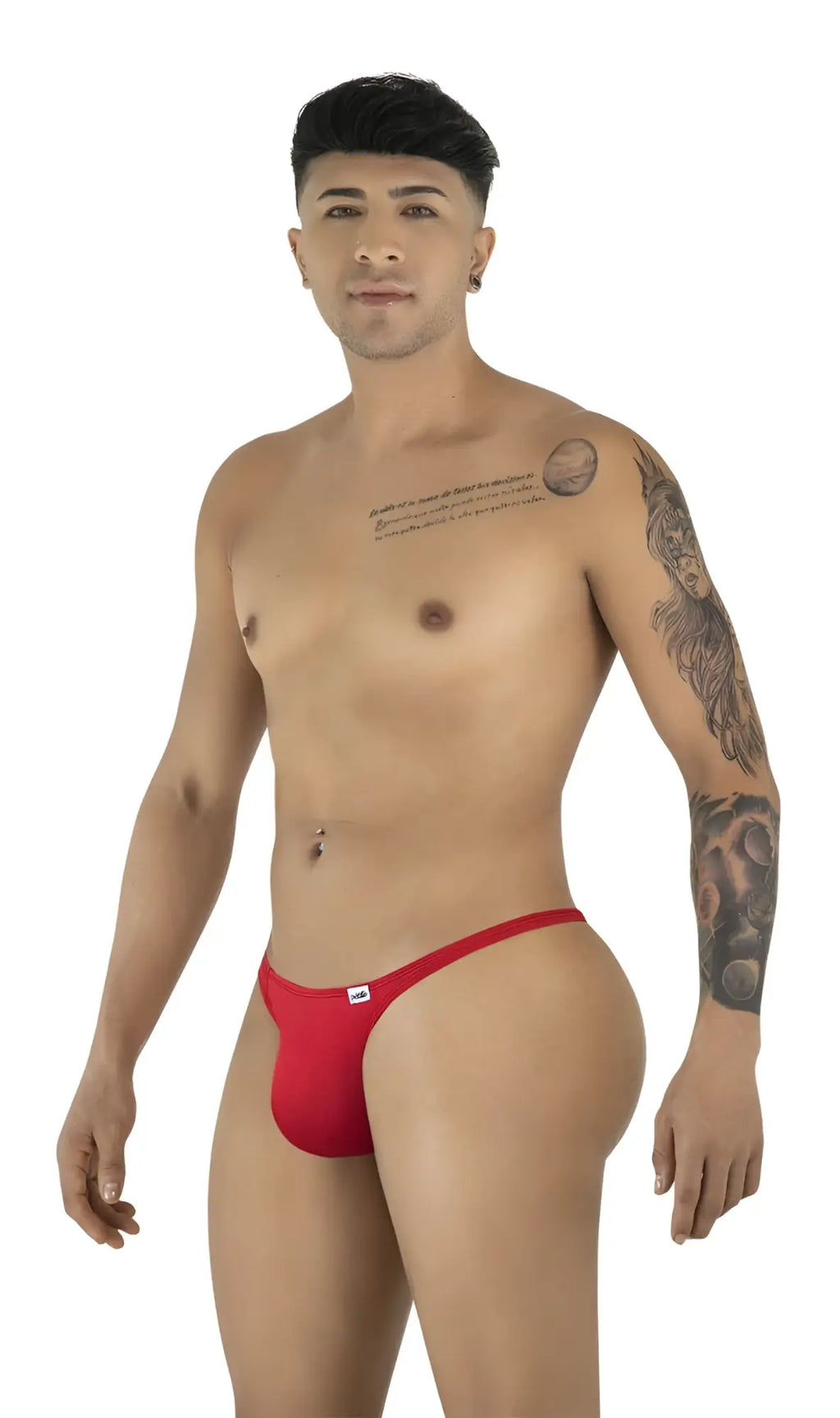 Red thong CandyMan 99930 with small white logo on the left hipband showing the back side of the product