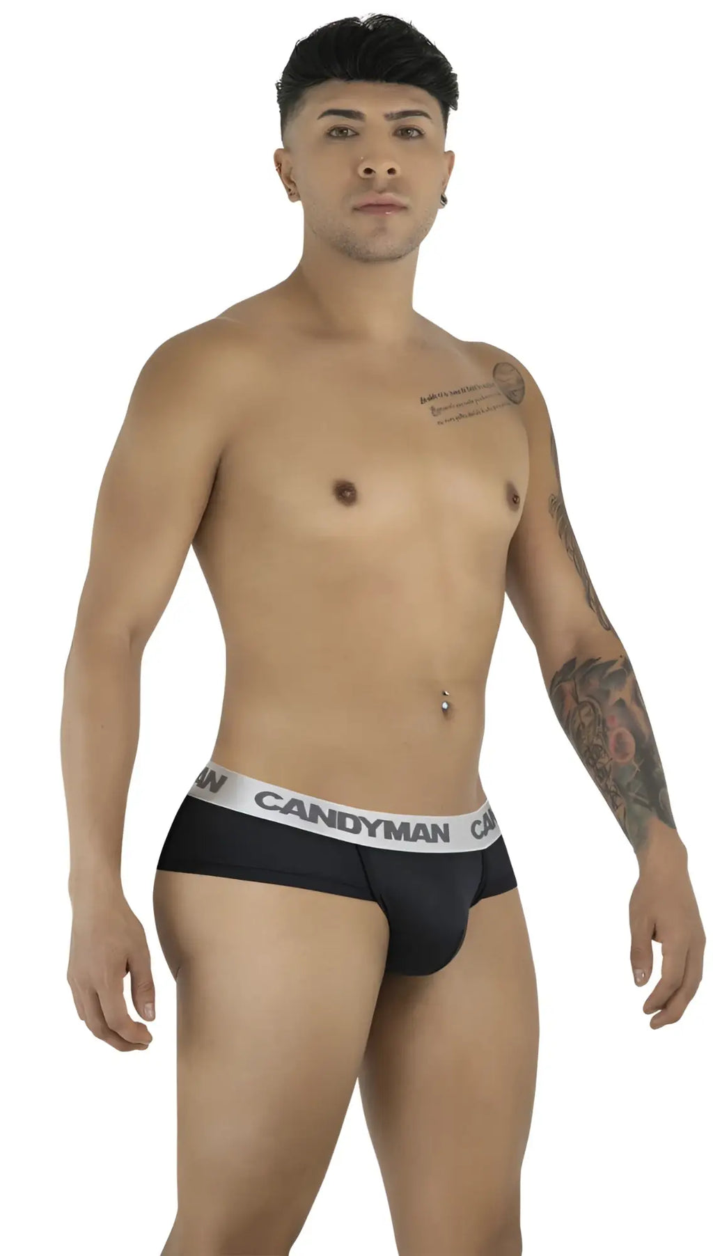 CandyMan 99932 briefs in black with white elastic waistband featuring bold black candyman logo for comfortable wear