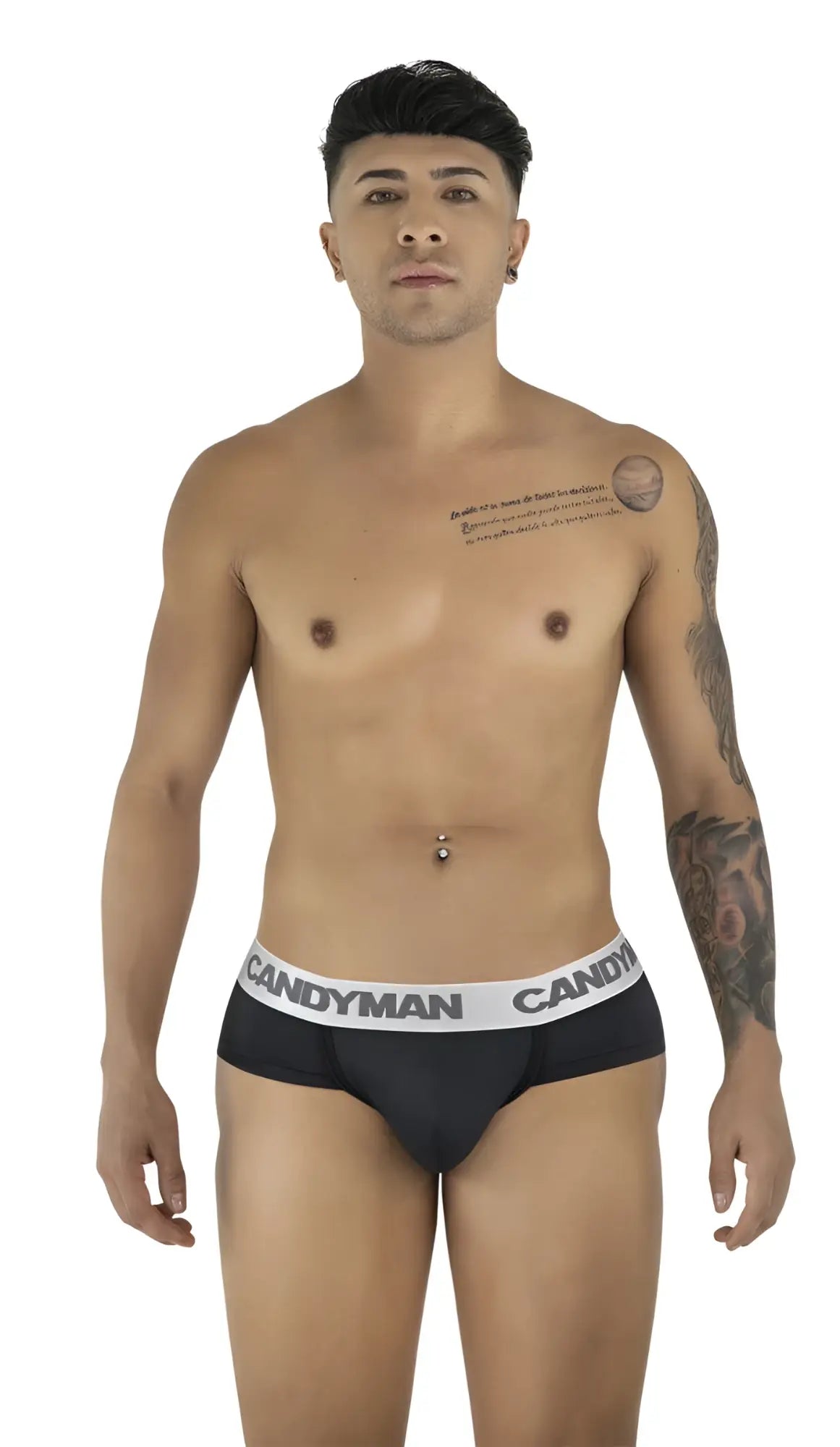 Black candyman 99932 briefs with a white waistband featuring bold repeating candyman logo for comfortable everyday wear