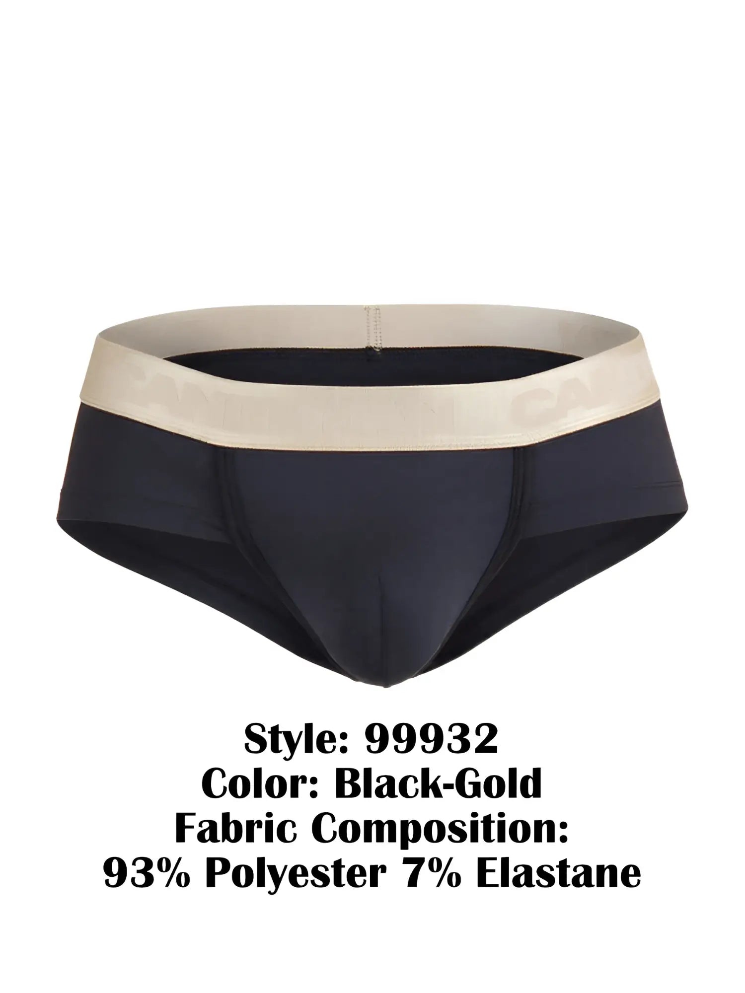 CandyMan 99932 black and gold men’s briefs with beige branded waistband made of 93 polyester 7 elastane