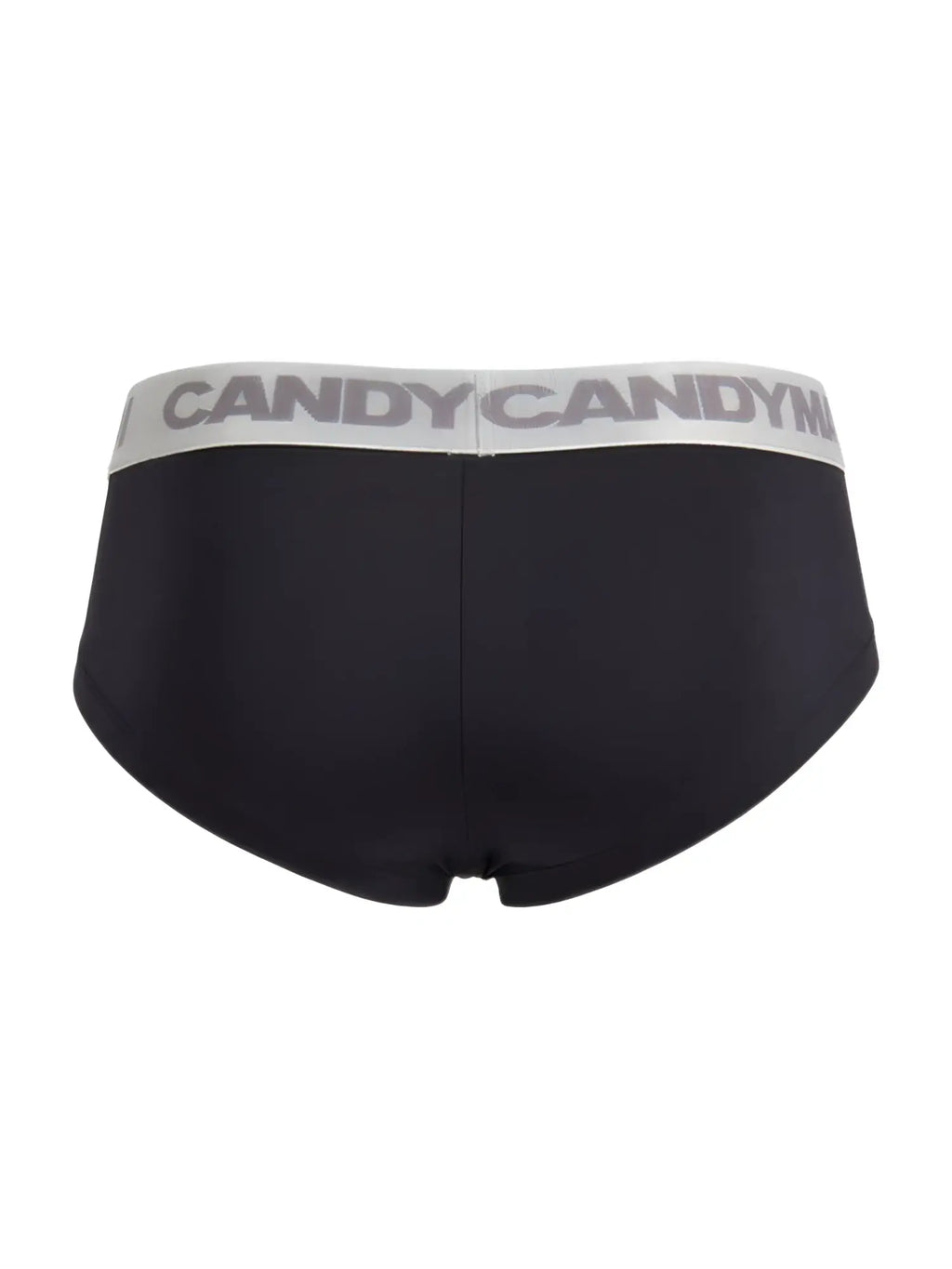 Black briefs candy man 99932 with gray waistband featuring bold candy candym logo in repeating letters
