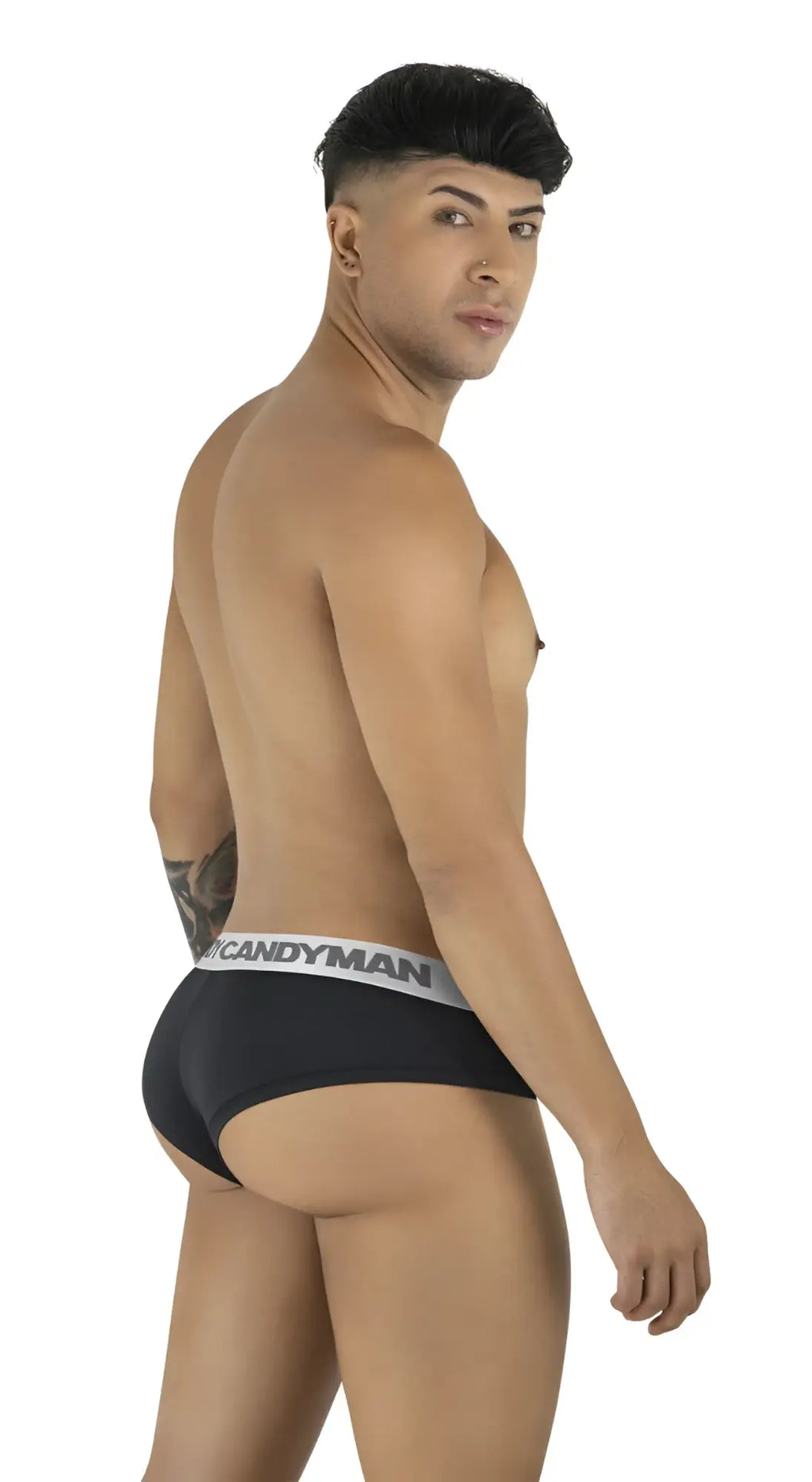 Black candyman 99932 briefs in black with a silver detail and white waistband featuring bold black brand lettering