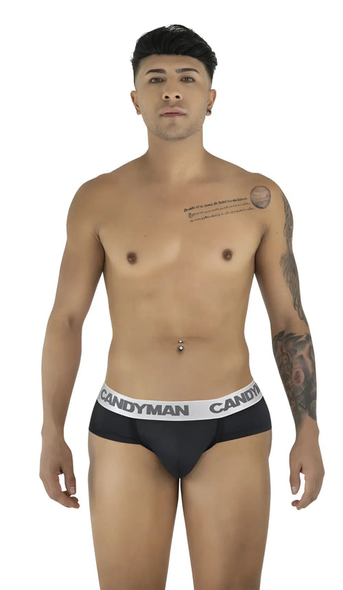 Black candyman 99932 briefs with white waistband featuring bold candyman logo in repeating lettering in black and silver