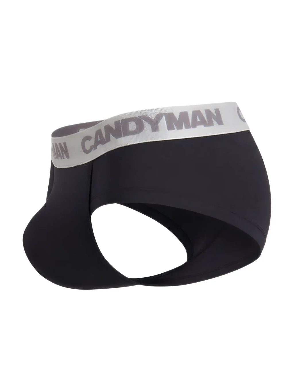Black candyman 99932 briefs with gray waistband featuring bold brand name in black and silver colors