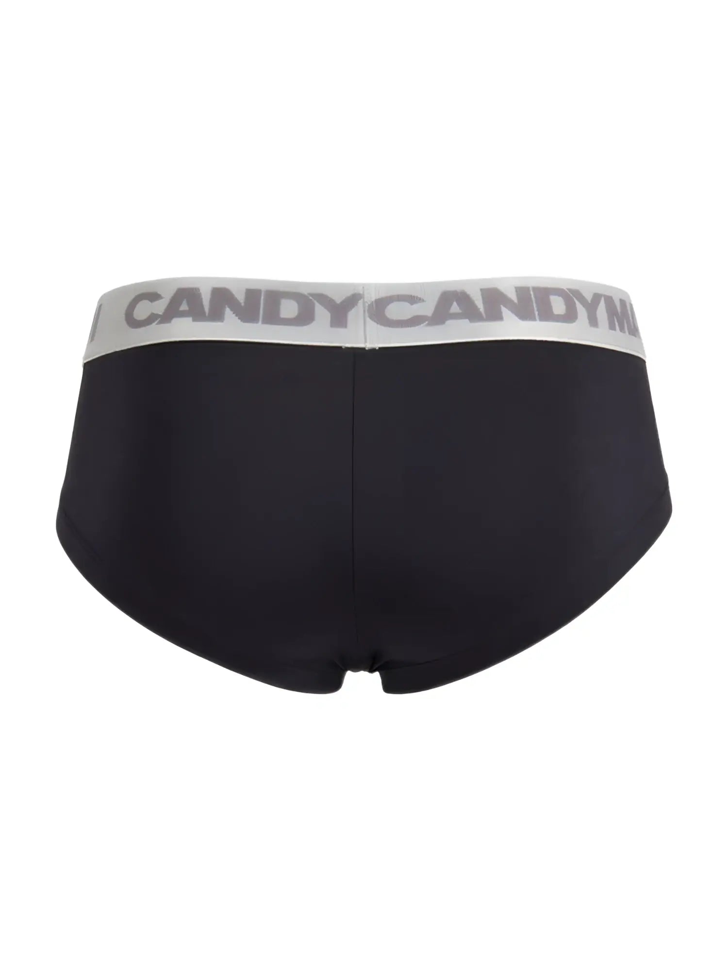 Black candyman 99932 briefs with a silver gray waistband featuring bold repeating candy candym logo