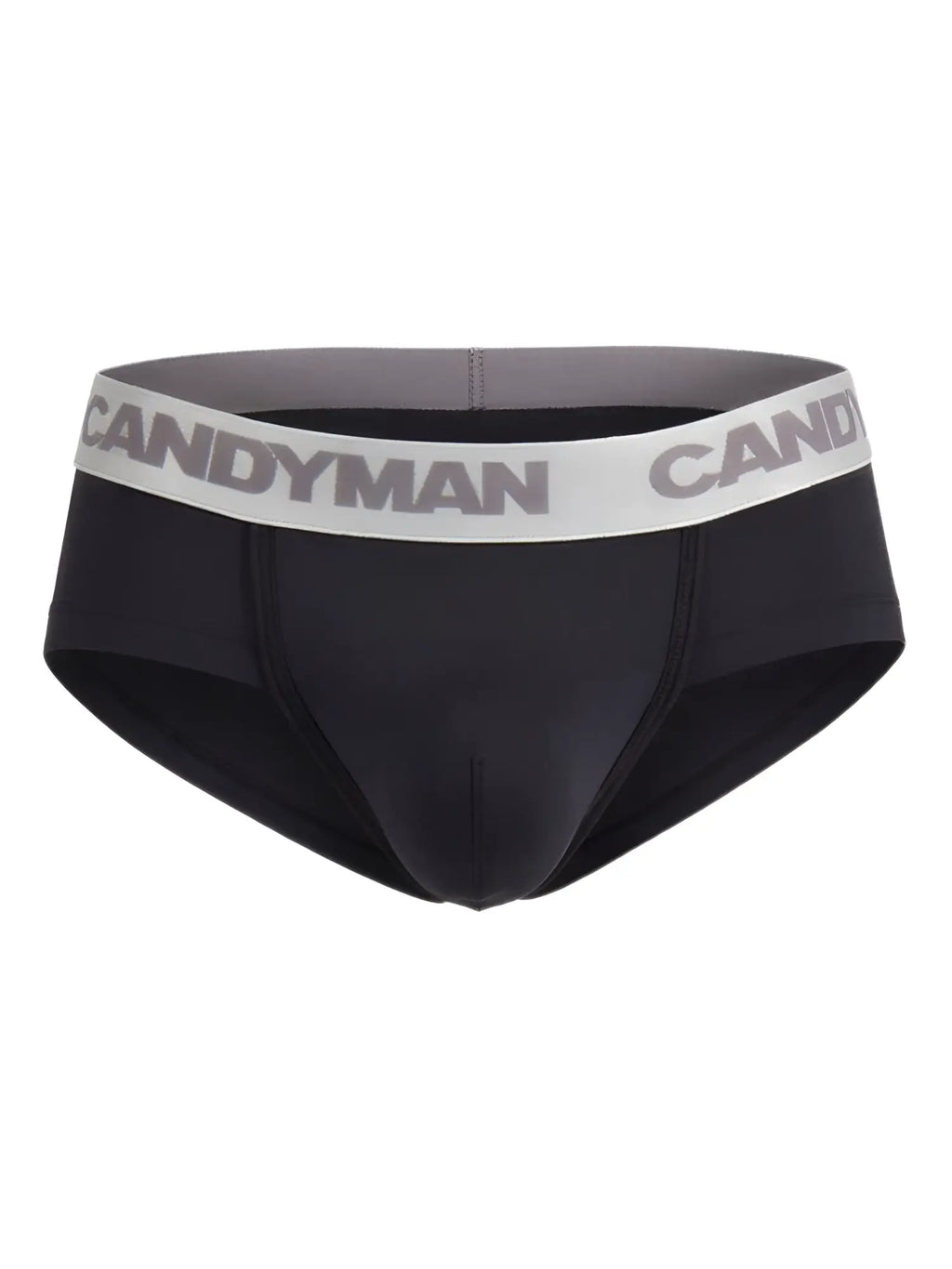 Black candyman 99932 briefs with gray and white waistband featuring bold brand name in silver and black colors
