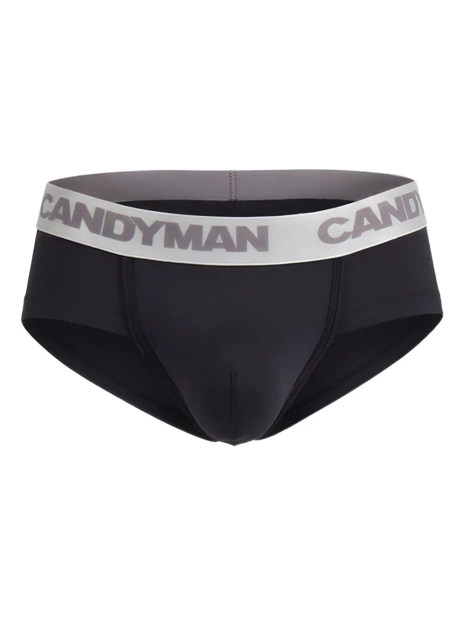 Black candyman 99932 briefs with gray and white waistband featuring bold brand name in silver and black colors