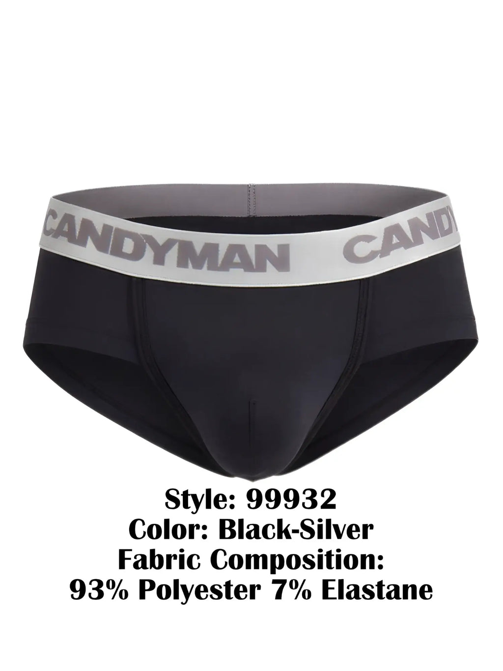 CandyMan 99932 briefs in black and silver made of 93% polyester and 7% elastane for comfortable wear