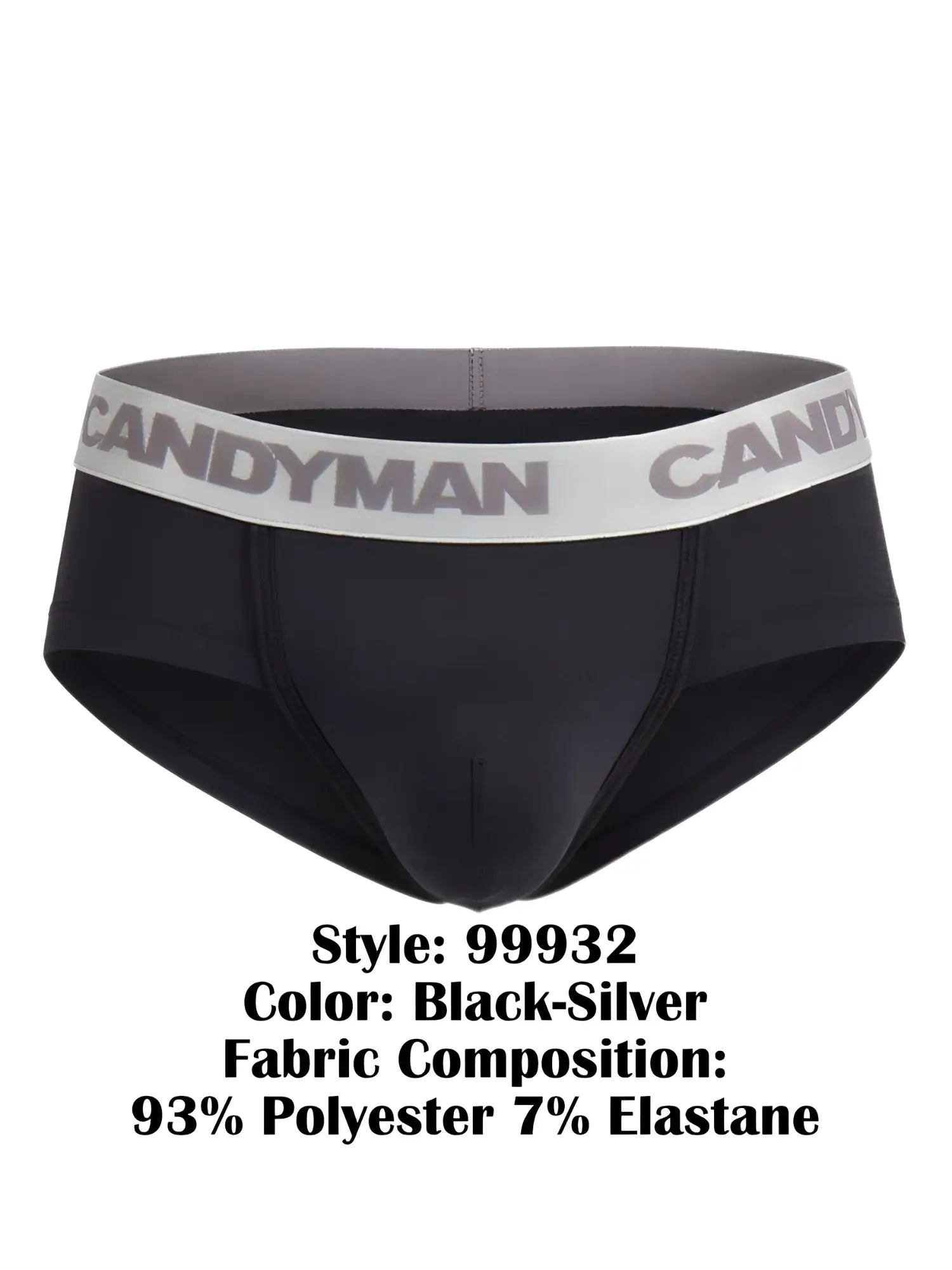 Black and silver candyman 99932 brief made of 93% polyester and 7% elastane for comfortable fit
