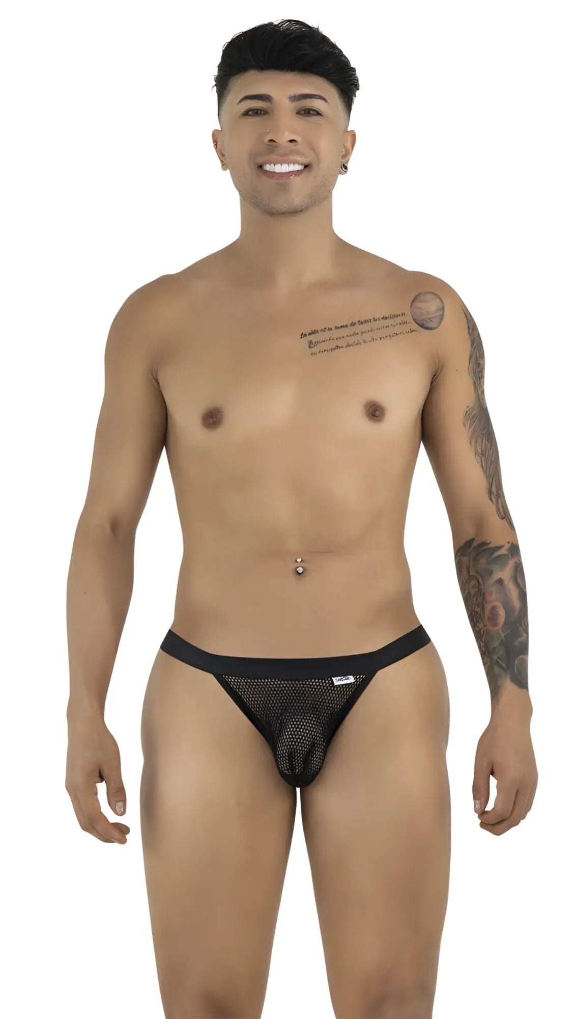 Black mesh CandyMan 99933 bikini briefs with a solid black waistband showing the front side of the product