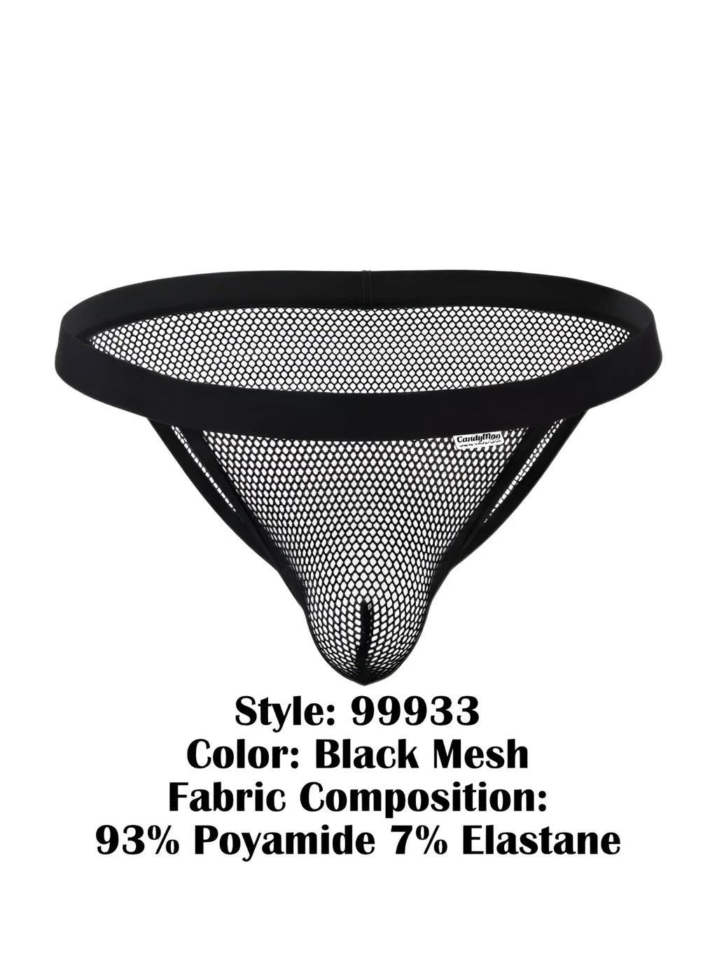 Black mesh thong bikini by candyman with solid black elastic waistband and fine hexagonal weave fabric
