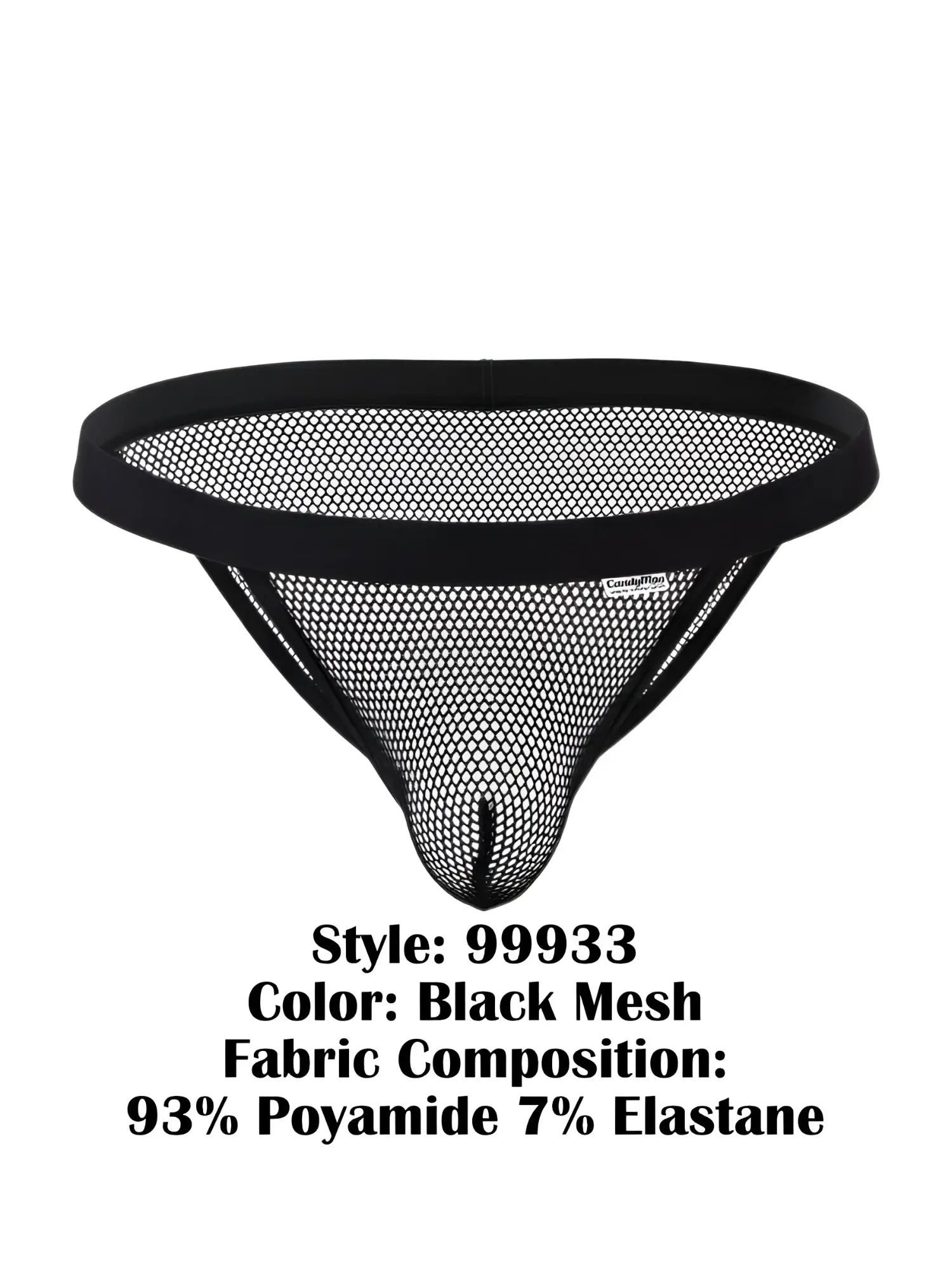 Black mesh thong bikini by candyman with solid black elastic waistband and fine hexagonal weave fabric