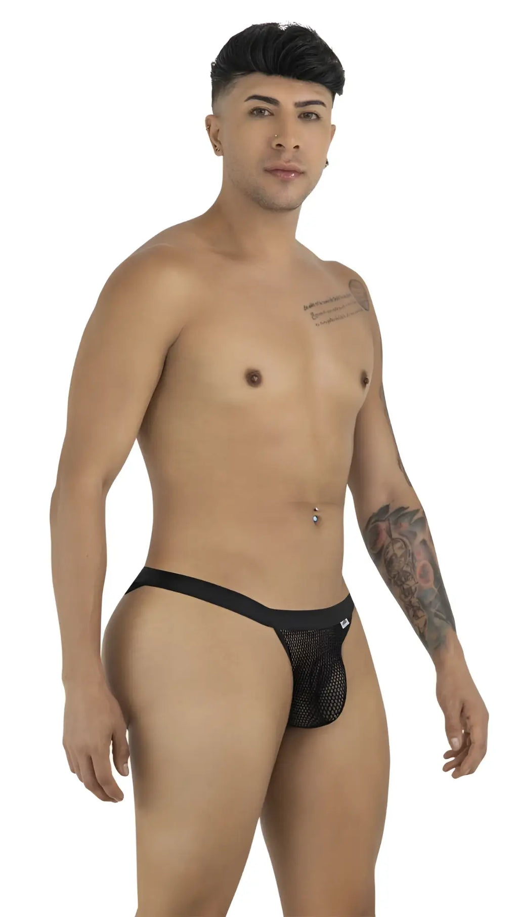 Black mesh thong bikini with solid waistband by candyman in black mesh material shown from the back side