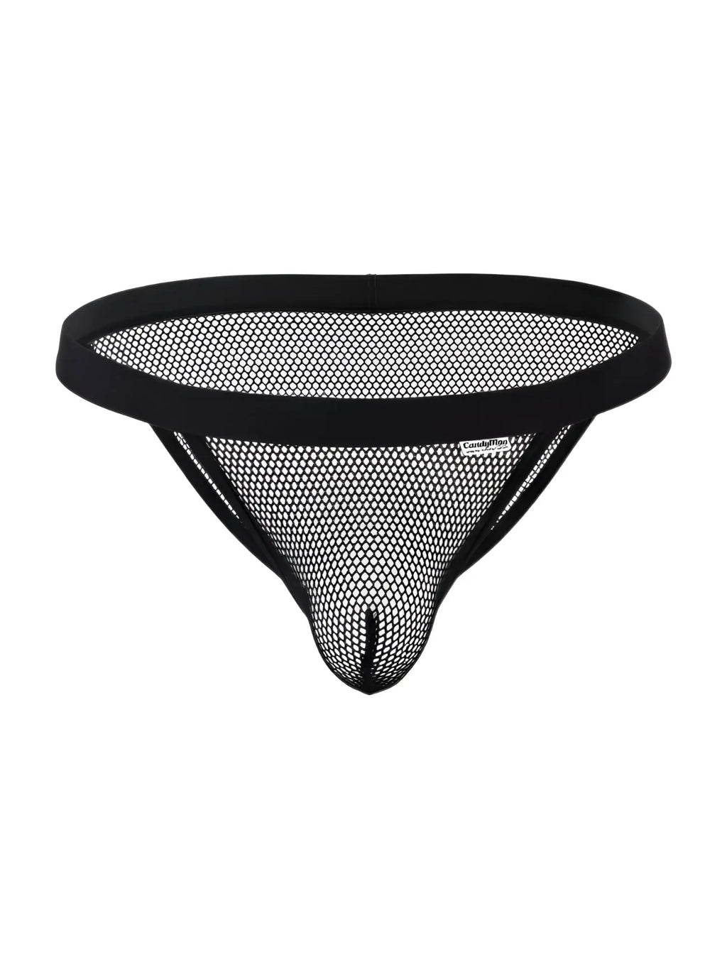Black mesh thong bikini with solid waistband and reinforced seams from candyman 99933 collection in black