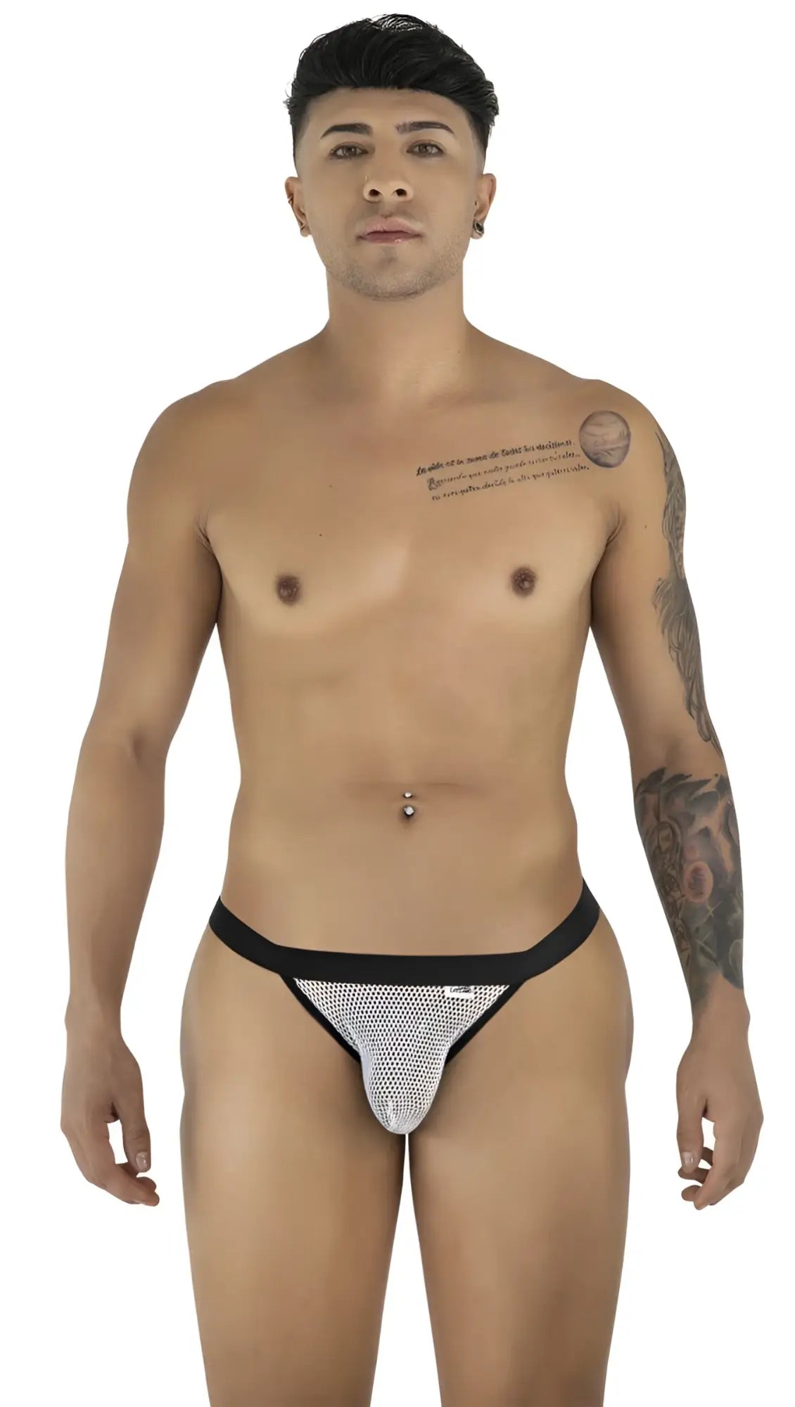 CandyMan 99933 bikini in black and silver mesh thong with black waistband featuring white mesh accents front view