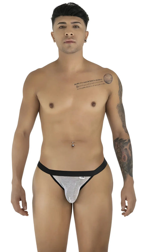 CandyMan 99933 bikini in black and silver mesh thong with black waistband featuring white mesh accents front view