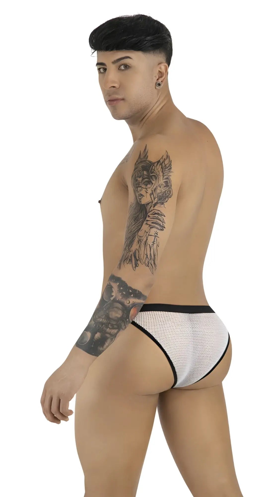 White mesh briefs with black trim candyMan 99933 bikini style featuring breathable mesh material in white color