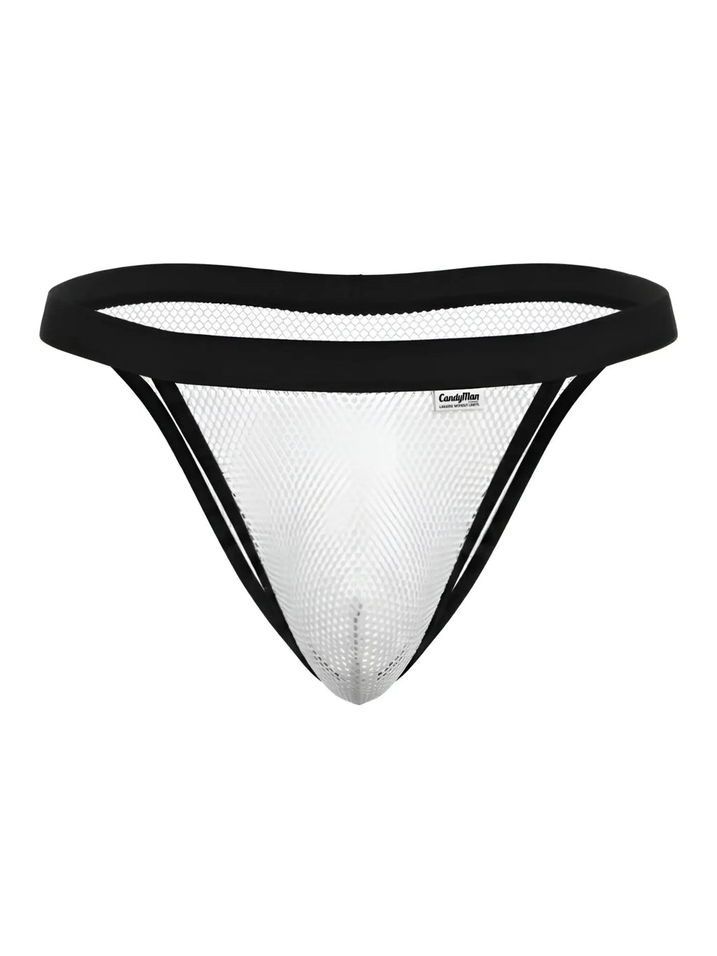 White mesh candyMan 99933 bikini thong with black elastic trim and small brand label