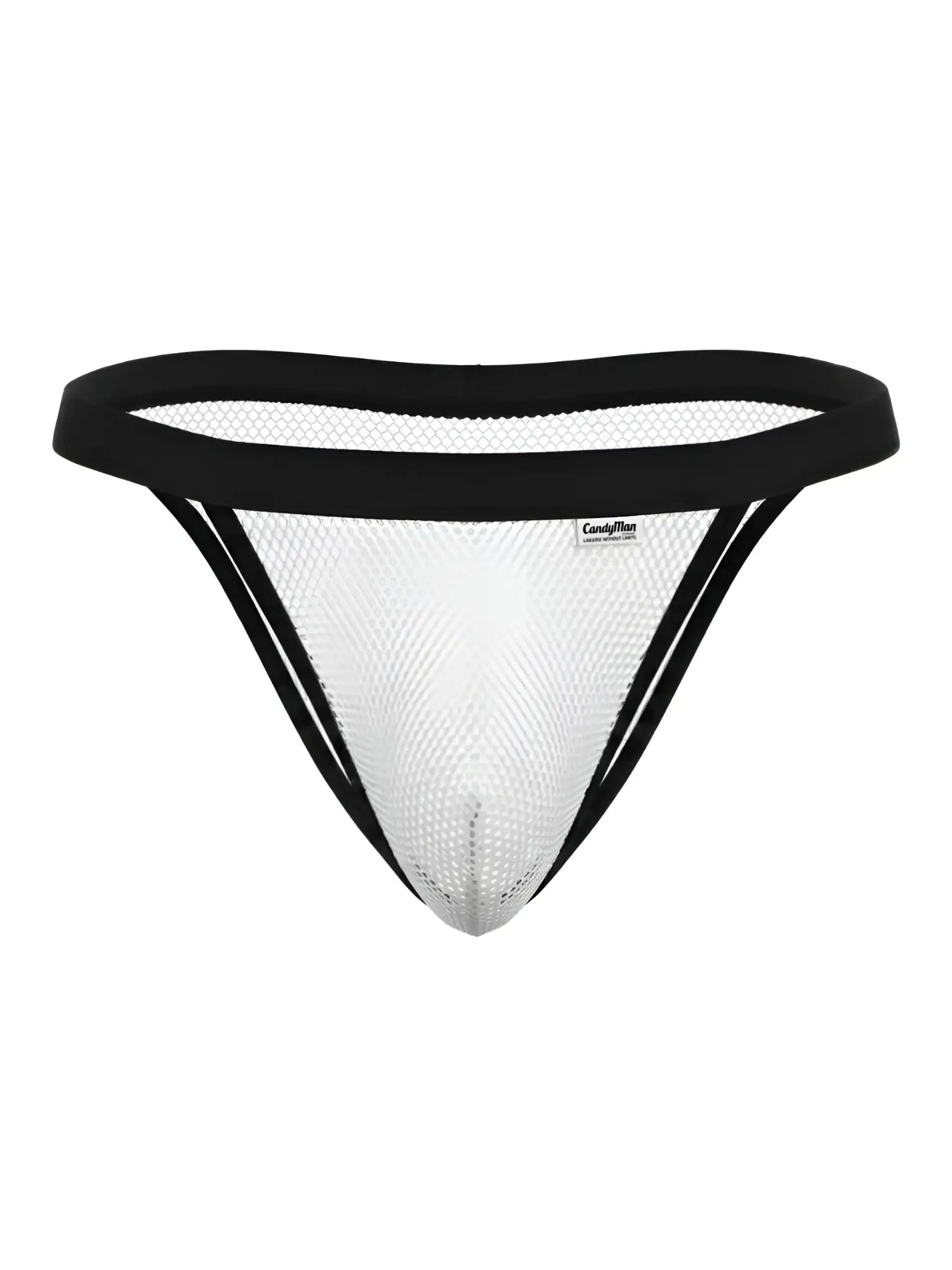 White mesh candyMan 99933 bikini thong with black elastic trim and small brand label