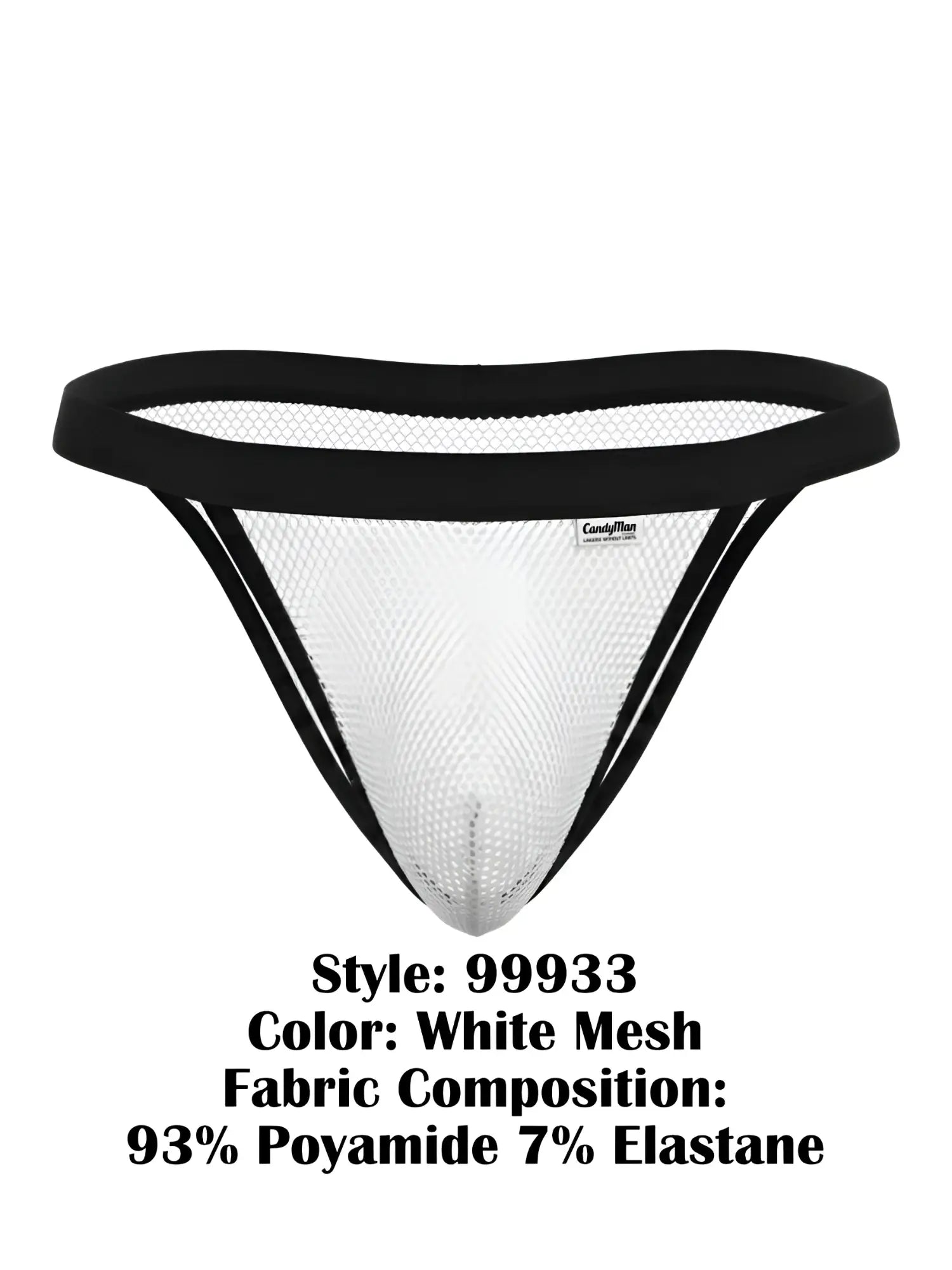 White mesh thong bikini with black elastic trim and small brand tag candyMan 99933 in white mesh