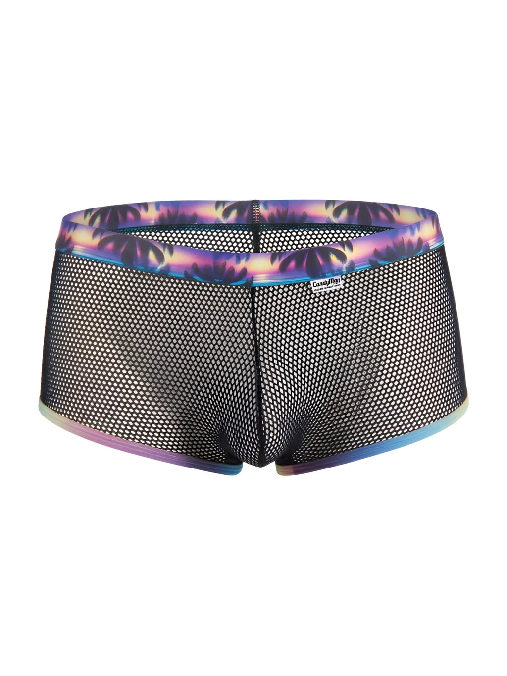 CandyMan 99934 black mesh swim trunks with vibrant purple and blue palm tree pattern on waistband